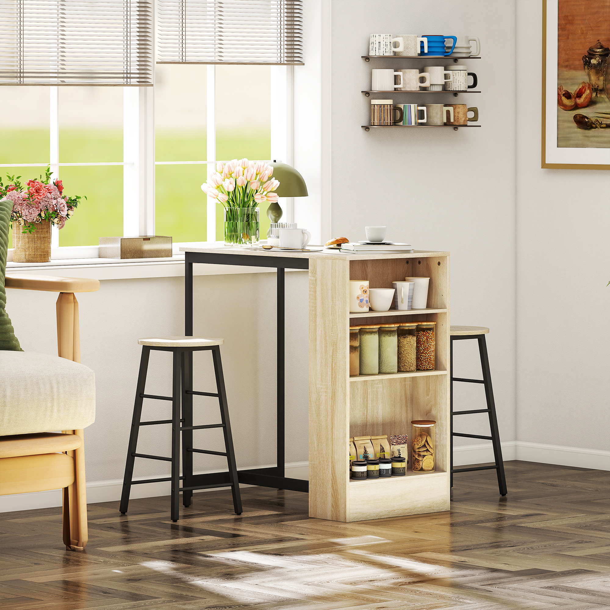 Mesa moderna de madera con estantes integrados, dos taburetes y un florero con tulipanes rosados ante una ventana.