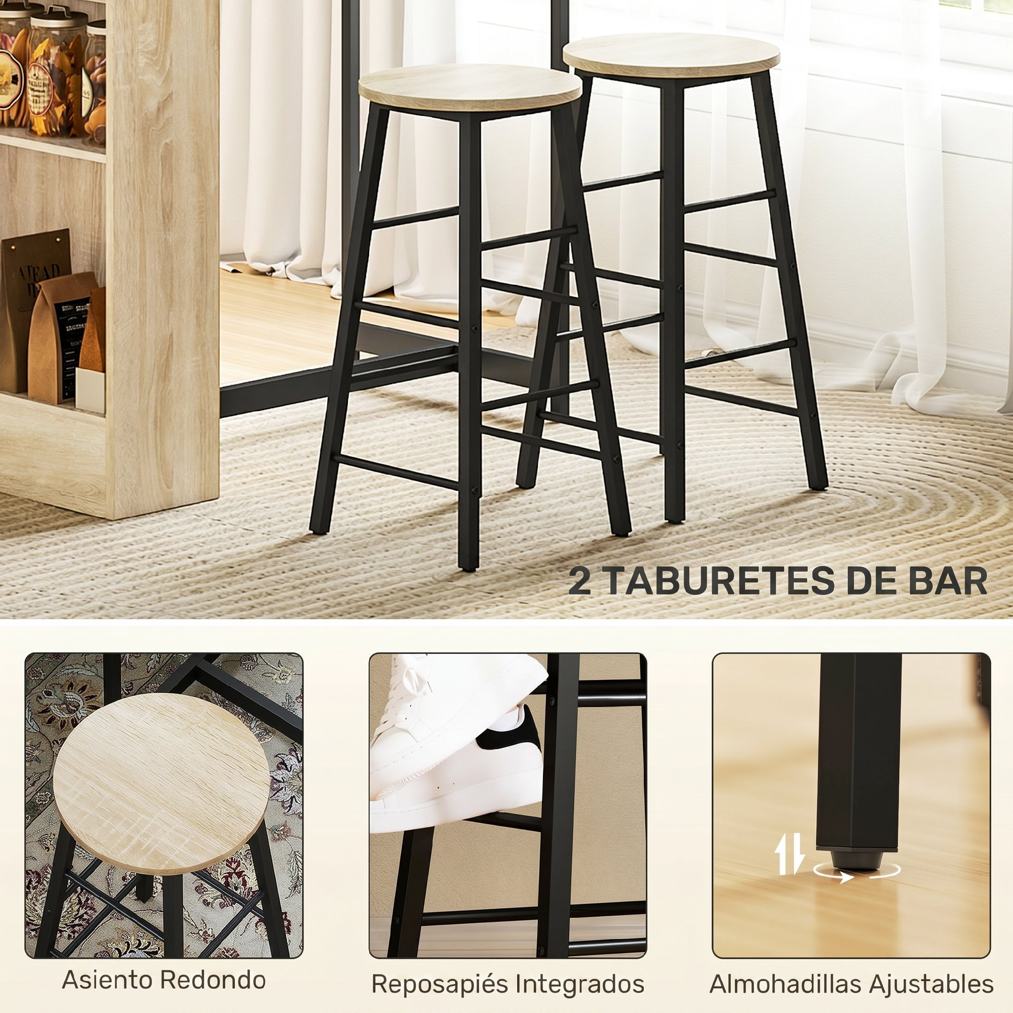Dos taburetes de bar con asientos de madera, patas de metal negro, reposapiés y pies ajustables.