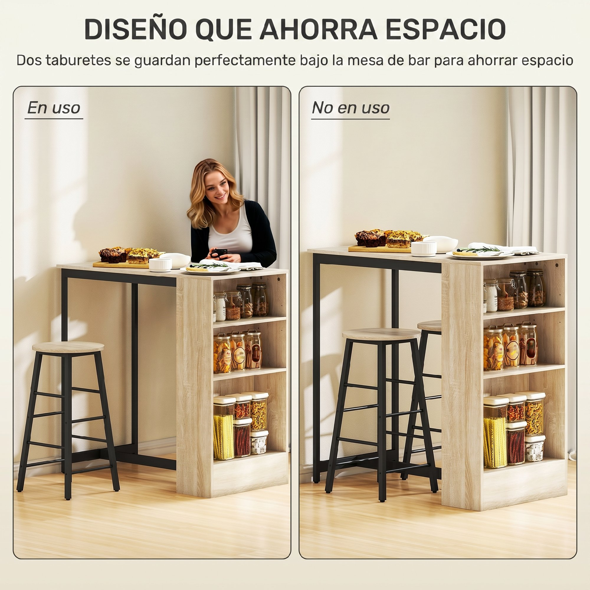 Diseño que ahorra espacio: Dos taburetes se guardan perfectamente bajo la mesa.