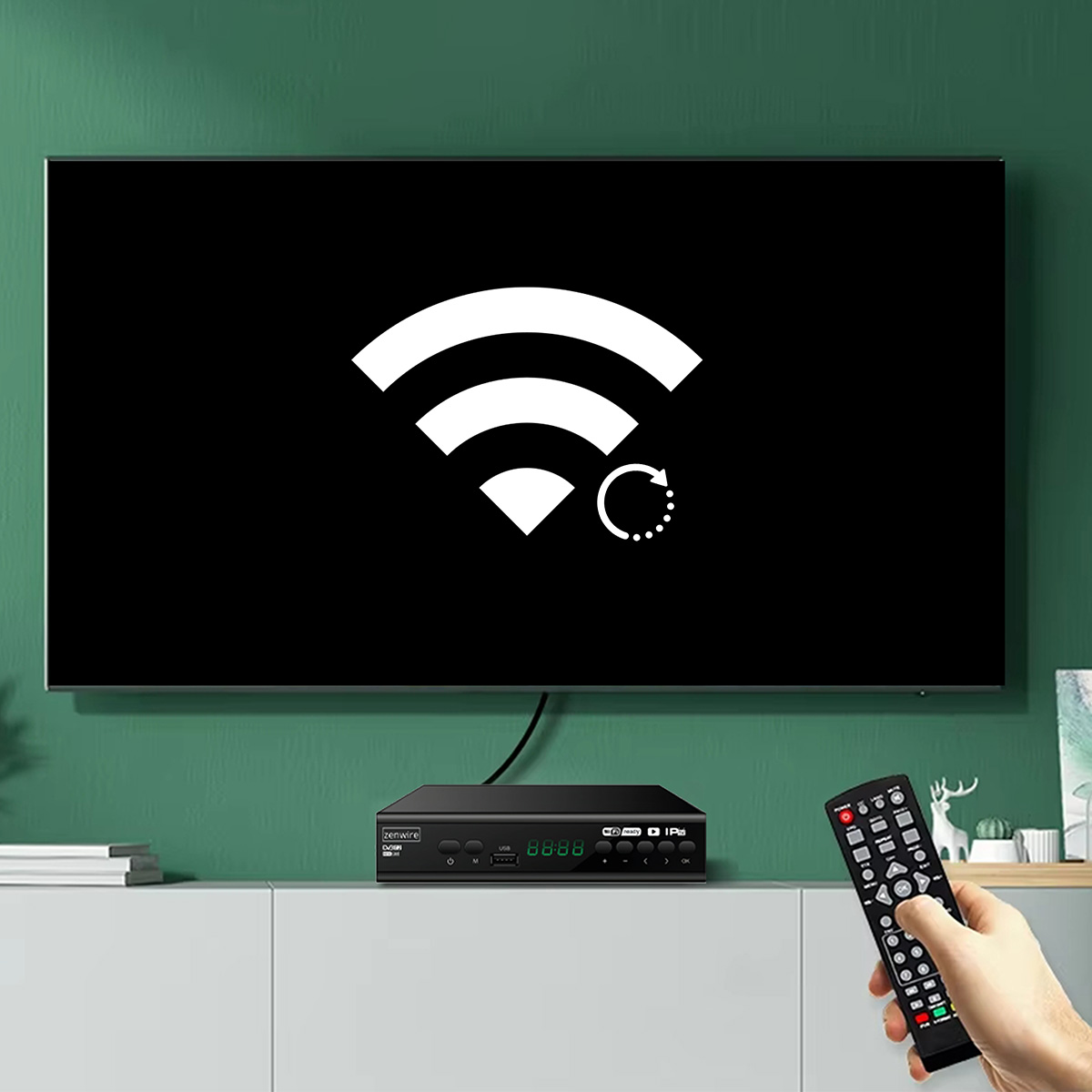 Ręka trzymająca pilota wskazuje na telewizor z białą ikoną wi-fi na czarnym tle oraz dekoderem poniżej.