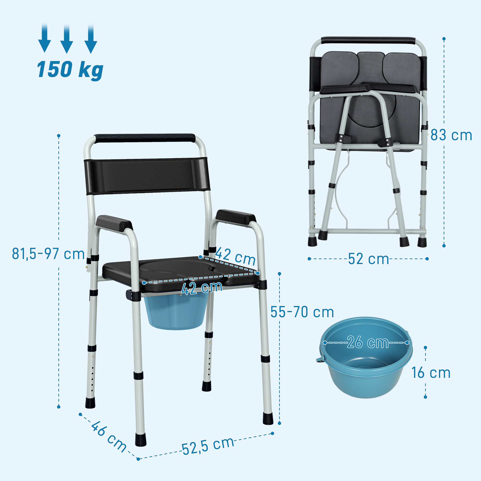 Silla cómoda con dimensiones, un balde azul extraíble y capacidad de peso máximo de 150 kg.