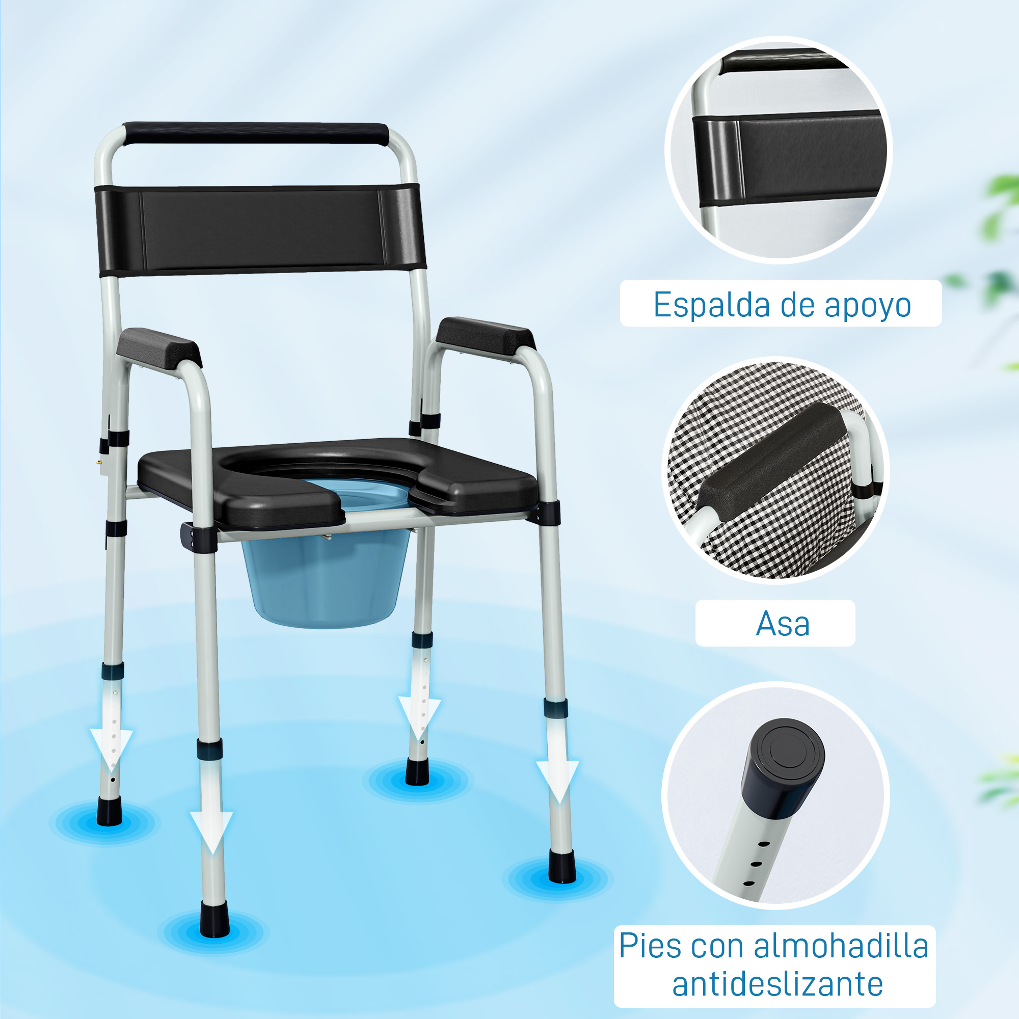 Silla inodoro con respaldo, apoyabrazos y pies antideslizantes.