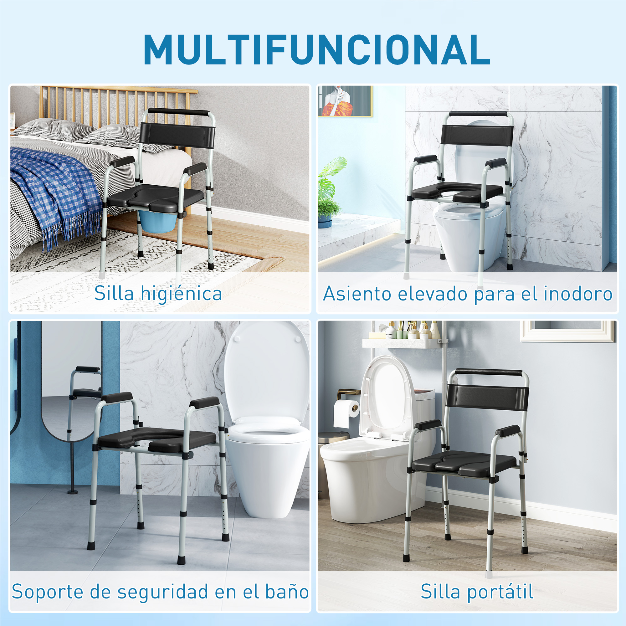 Silla higiénica multifuncional mostrada en cuatro usos: inodoro de noche, asiento elevado, soporte de seguridad y silla portátil.