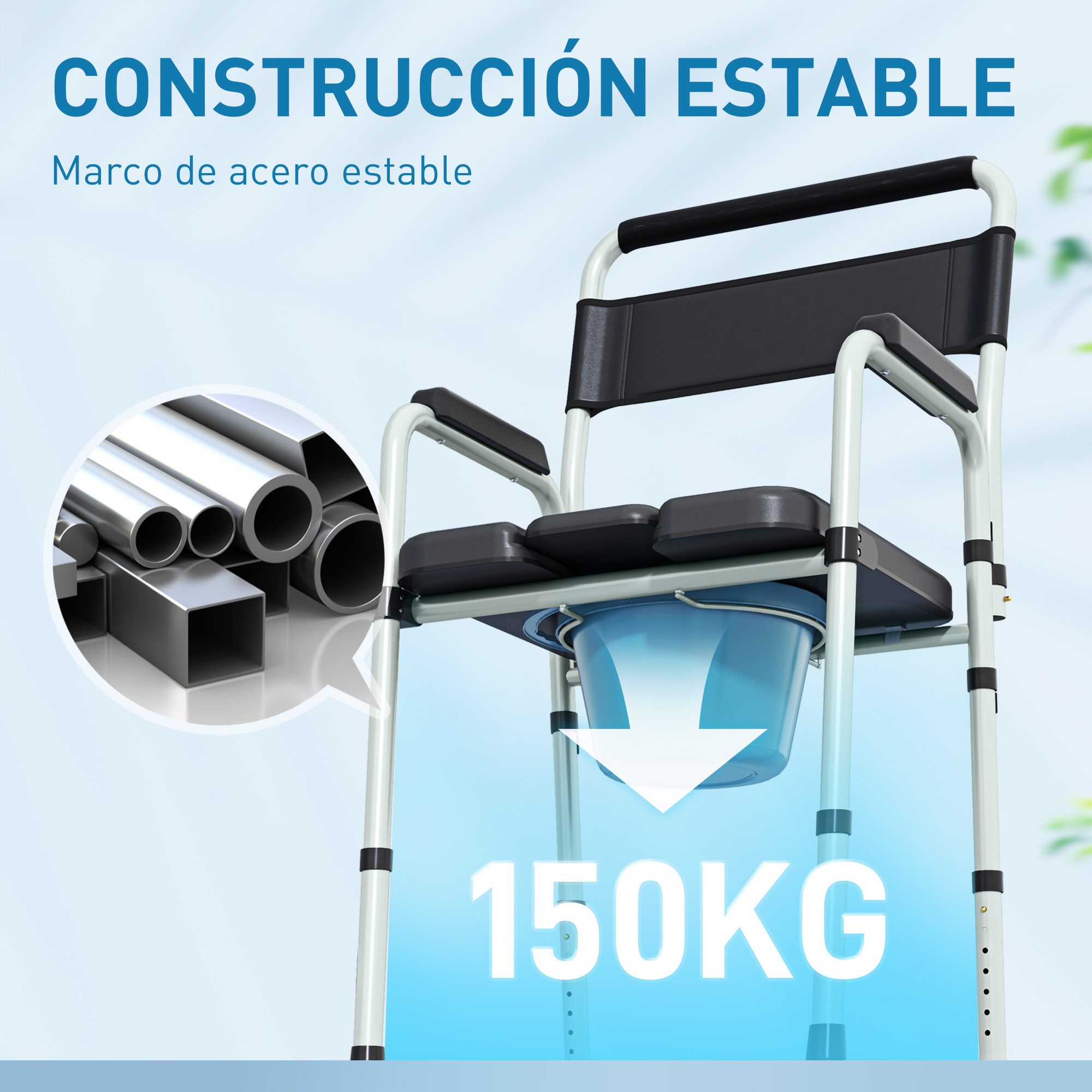 Silla de baño resistente con estructura de acero, asiento acolchado y cubeta azul, soporta hasta 150 kg.