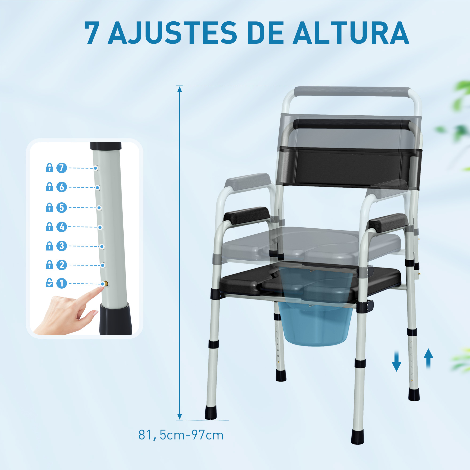 Silla de baño ajustable en altura con siete niveles y cubo extraíble.