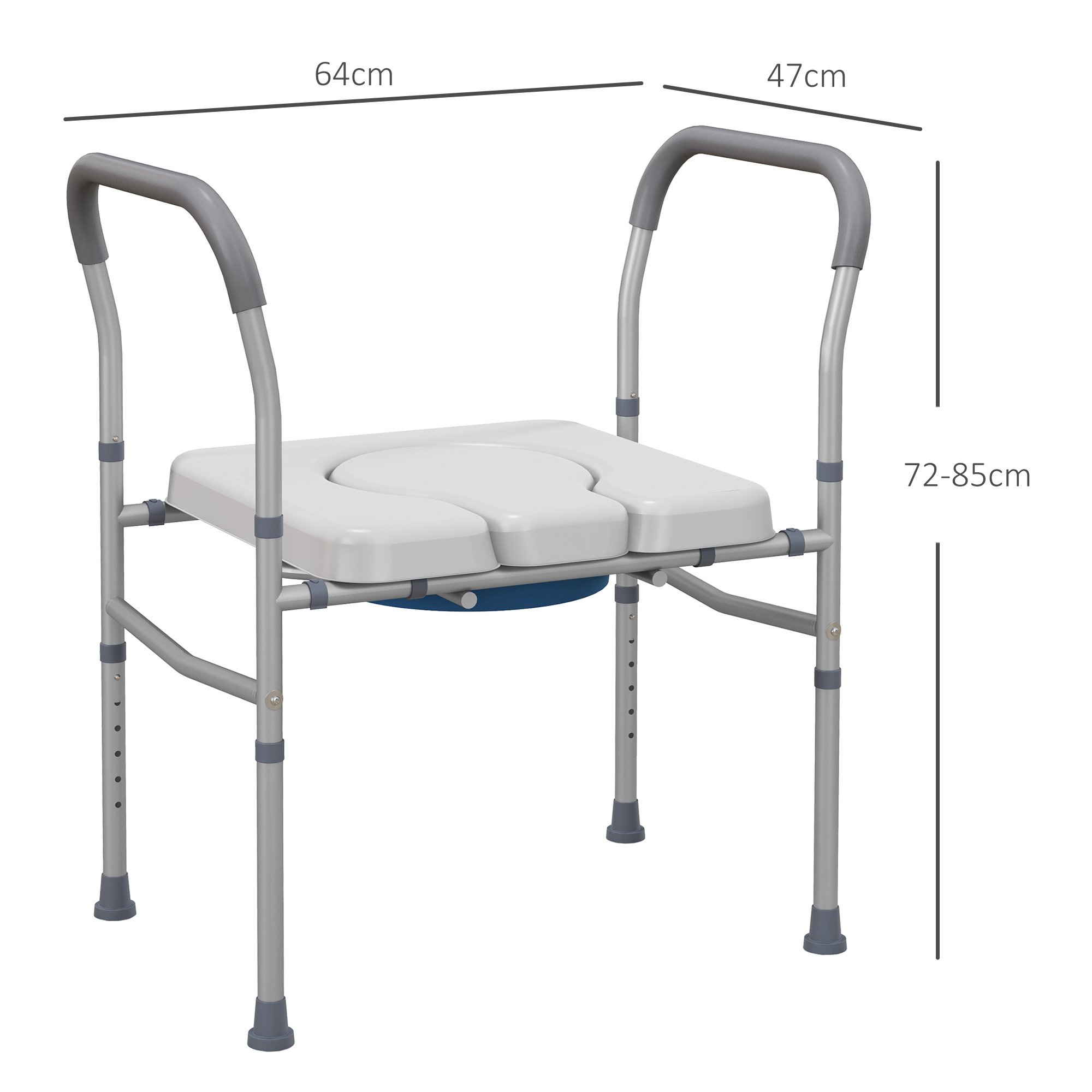 Silla de baño médica gris con asiento acolchado blanco y medidas.