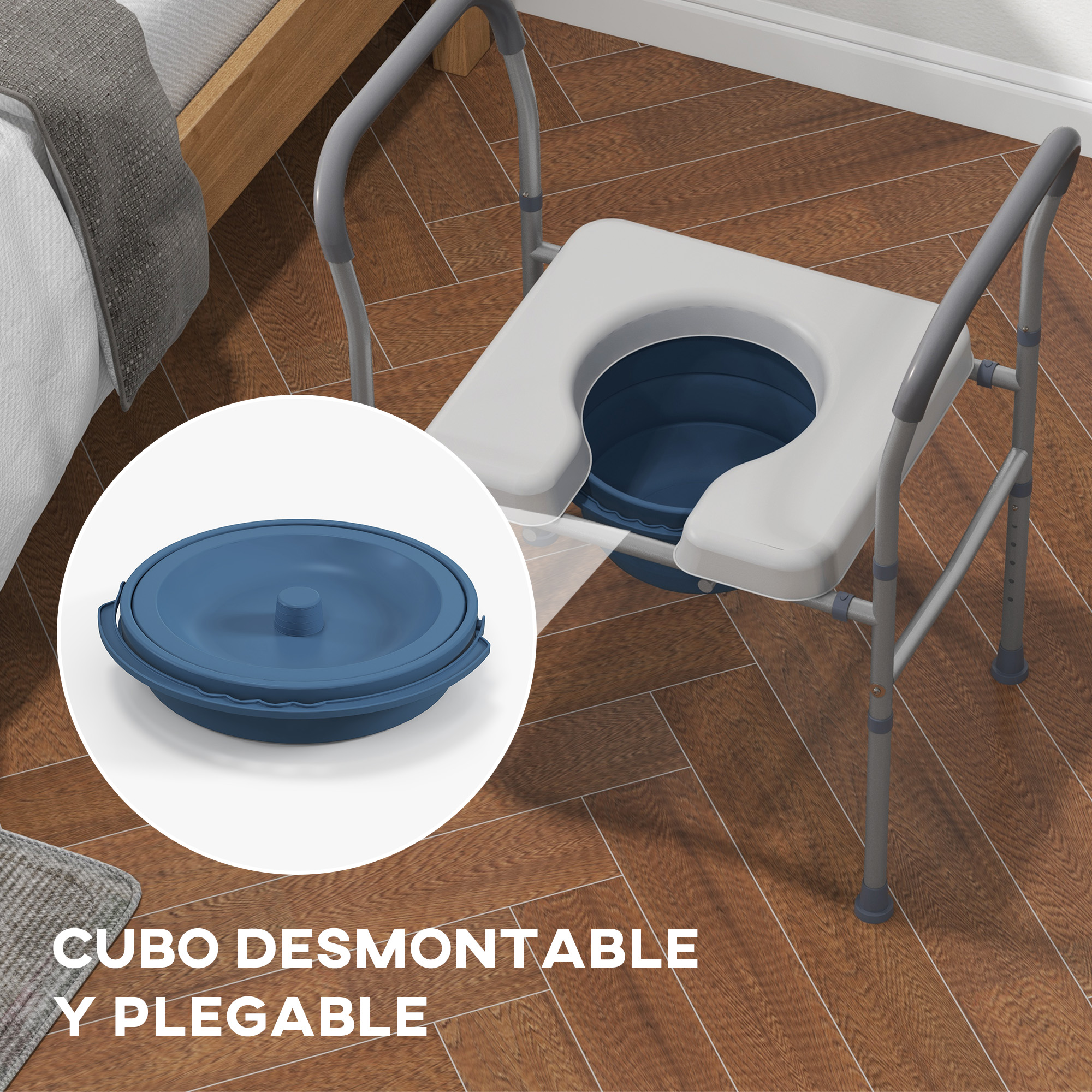 Inodoro portátil gris con cubo azul plegable en suelo de madera, con detalle del cubo tapado.