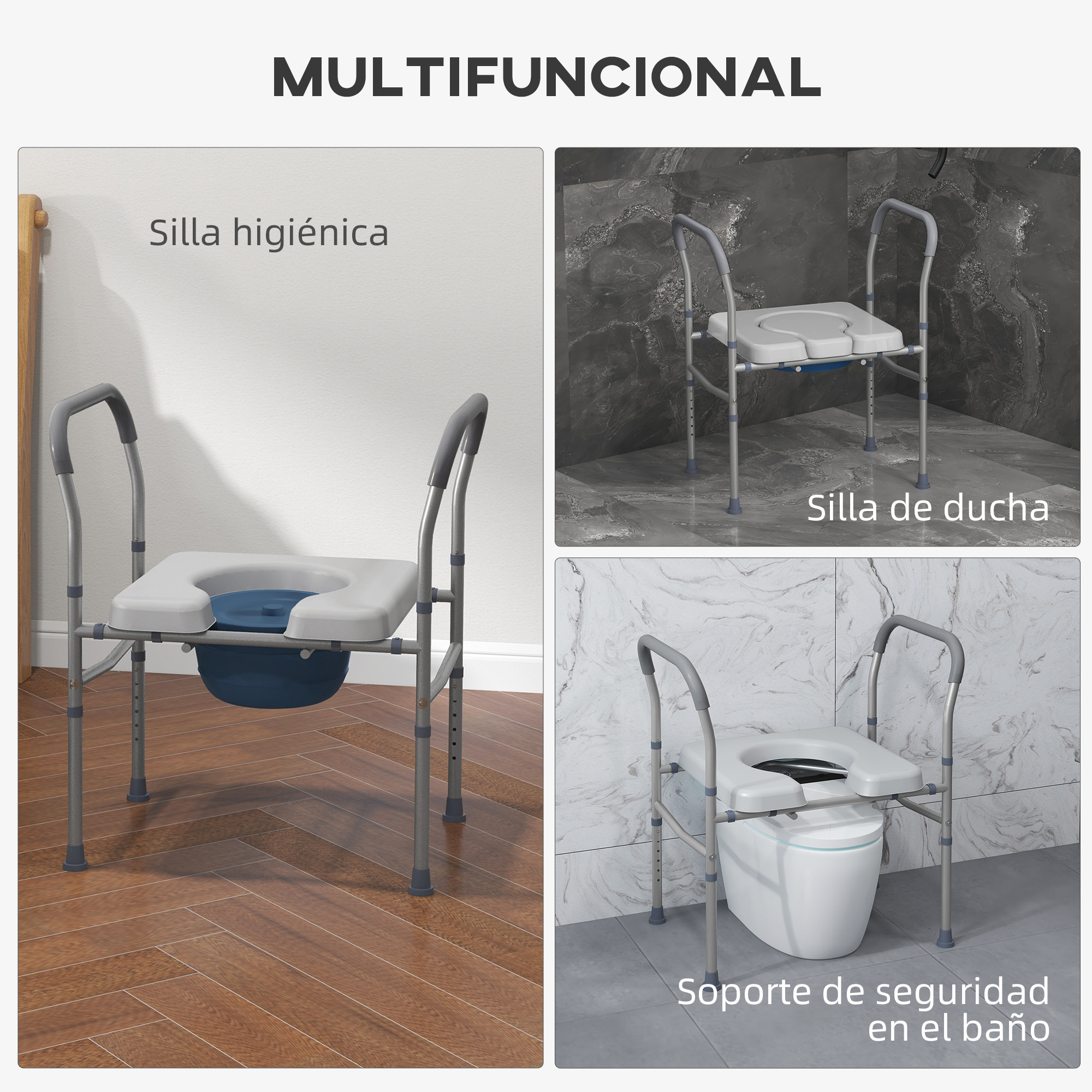 Silla de ducha y inodoro multifuncional gris con asas de agarre.