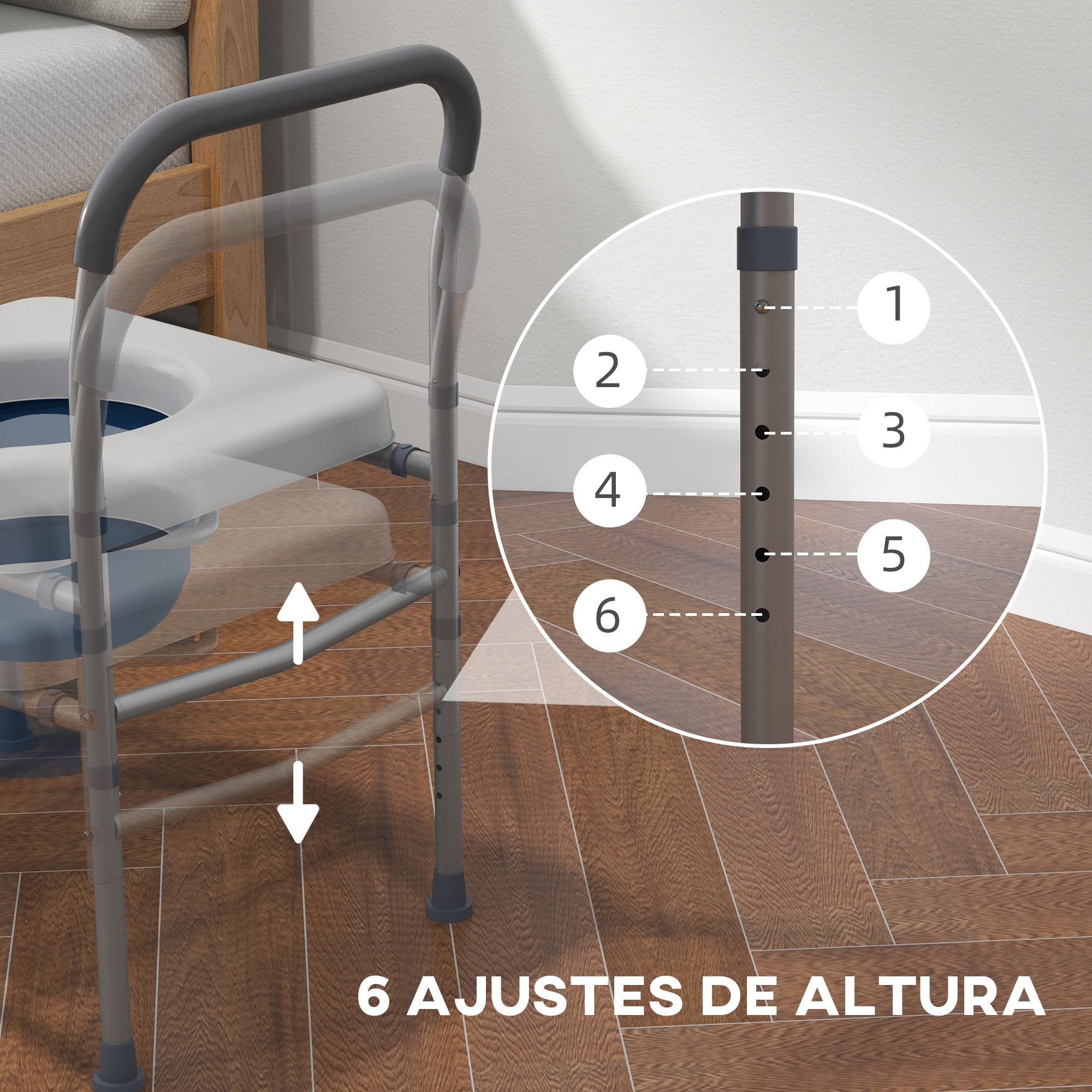 Marco de seguridad ajustable para inodoro con seis alturas numeradas.