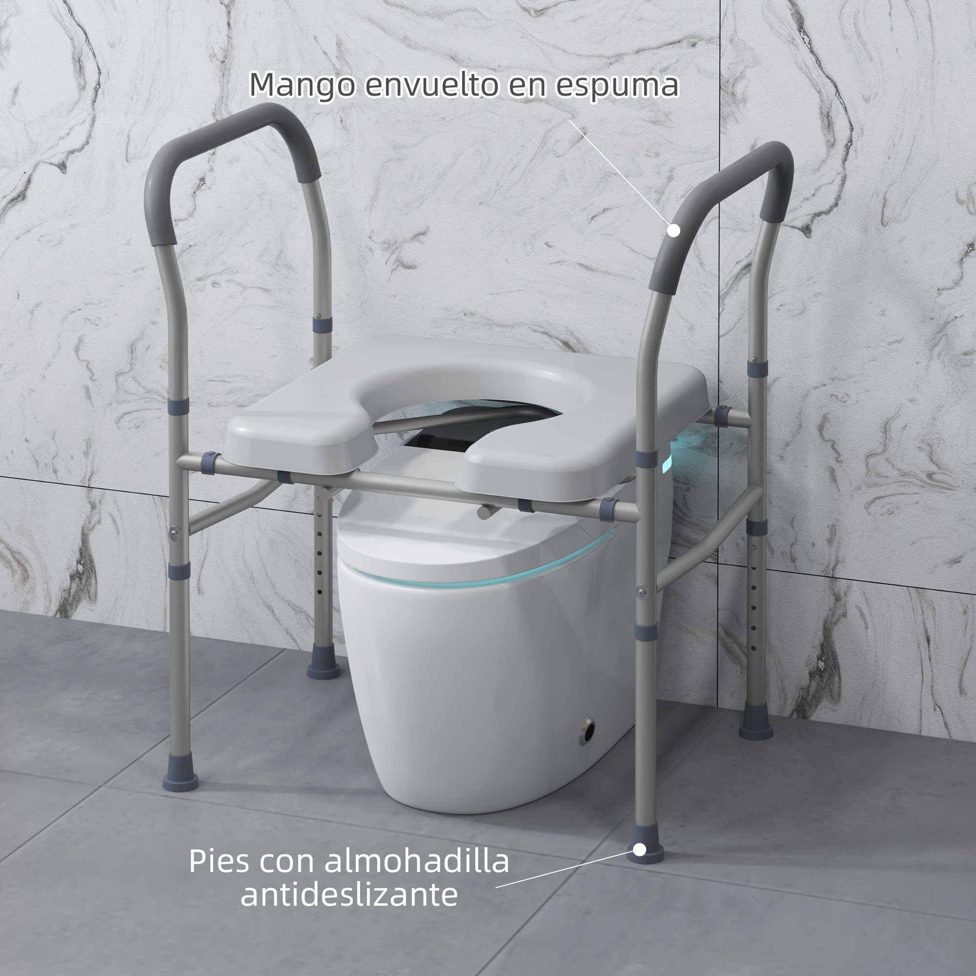 Estructura de seguridad para inodoro con asas acolchadas y patas antideslizantes sobre un inodoro y pared de mármol.