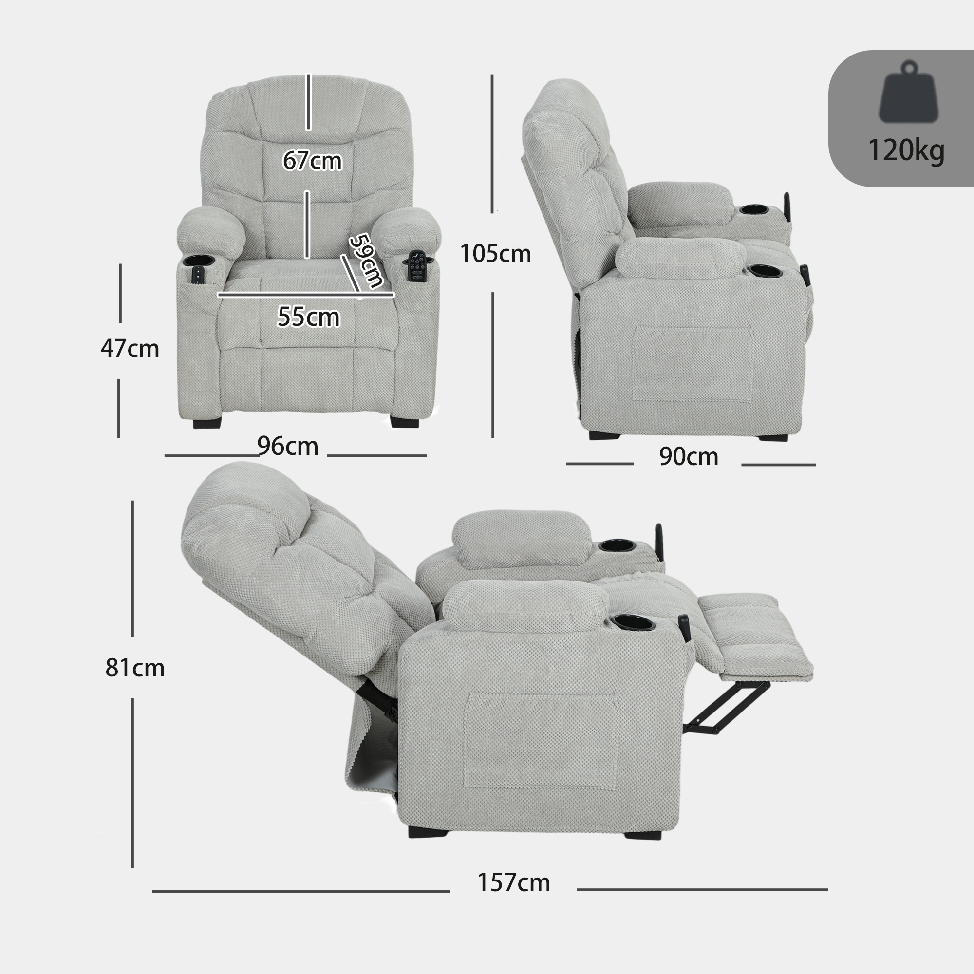 Dibujo técnico y dimensiones de un sillón reclinable tapizado en gris claro con portavasos y límite de peso de 120 kg.
