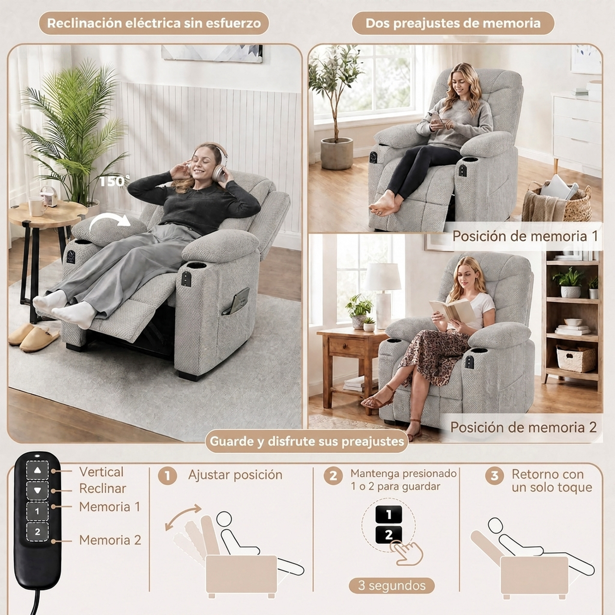 Collage de una mujer usando un sillón reclinable eléctrico gris con instrucciones de control remoto.