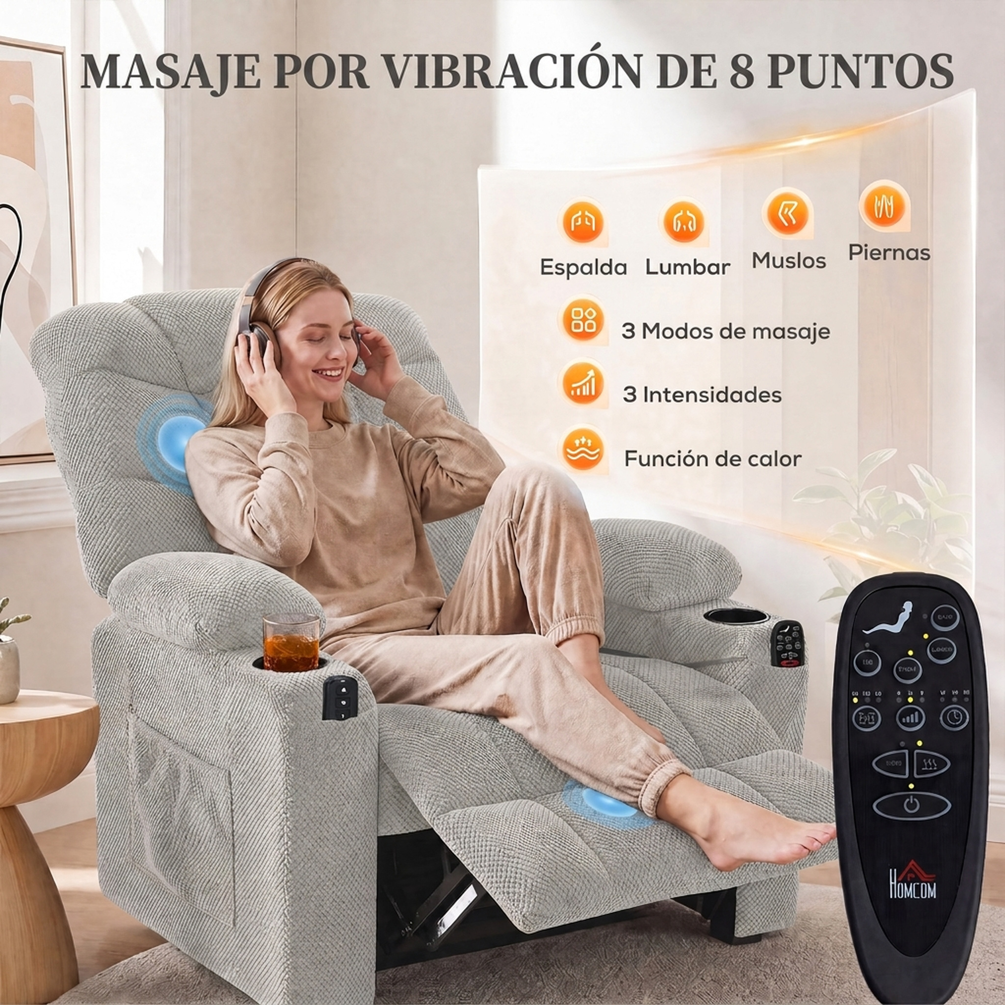 Mujer relajándose en un sillón de masajes gris con auriculares y control remoto.