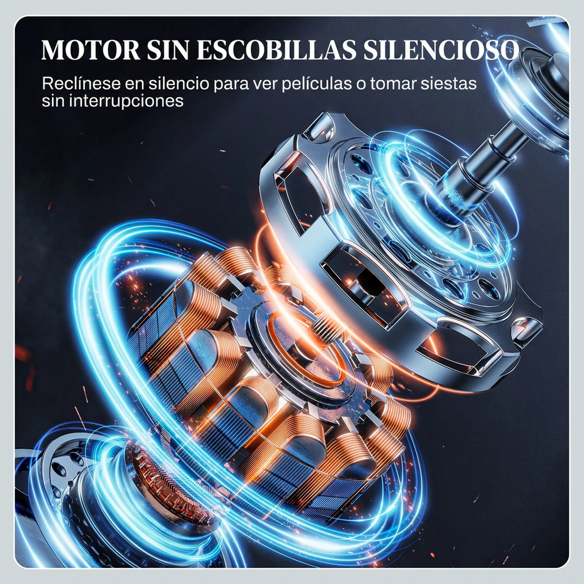 Un motor sin escobillas silencioso con efectos de luz azul y naranja.