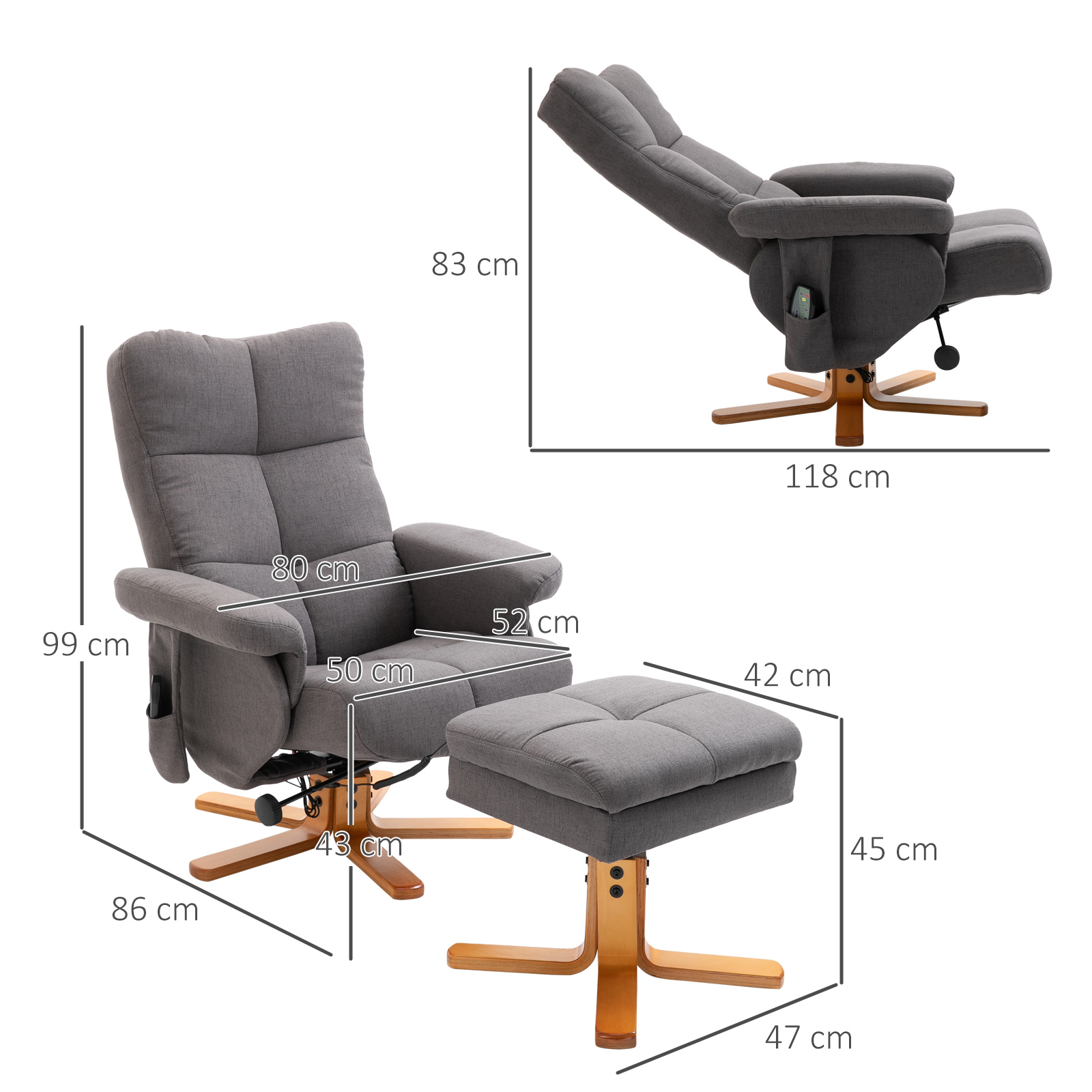 Sillón reclinable gris y reposapiés con base de madera, con dimensiones en centímetros sobre fondo blanco.