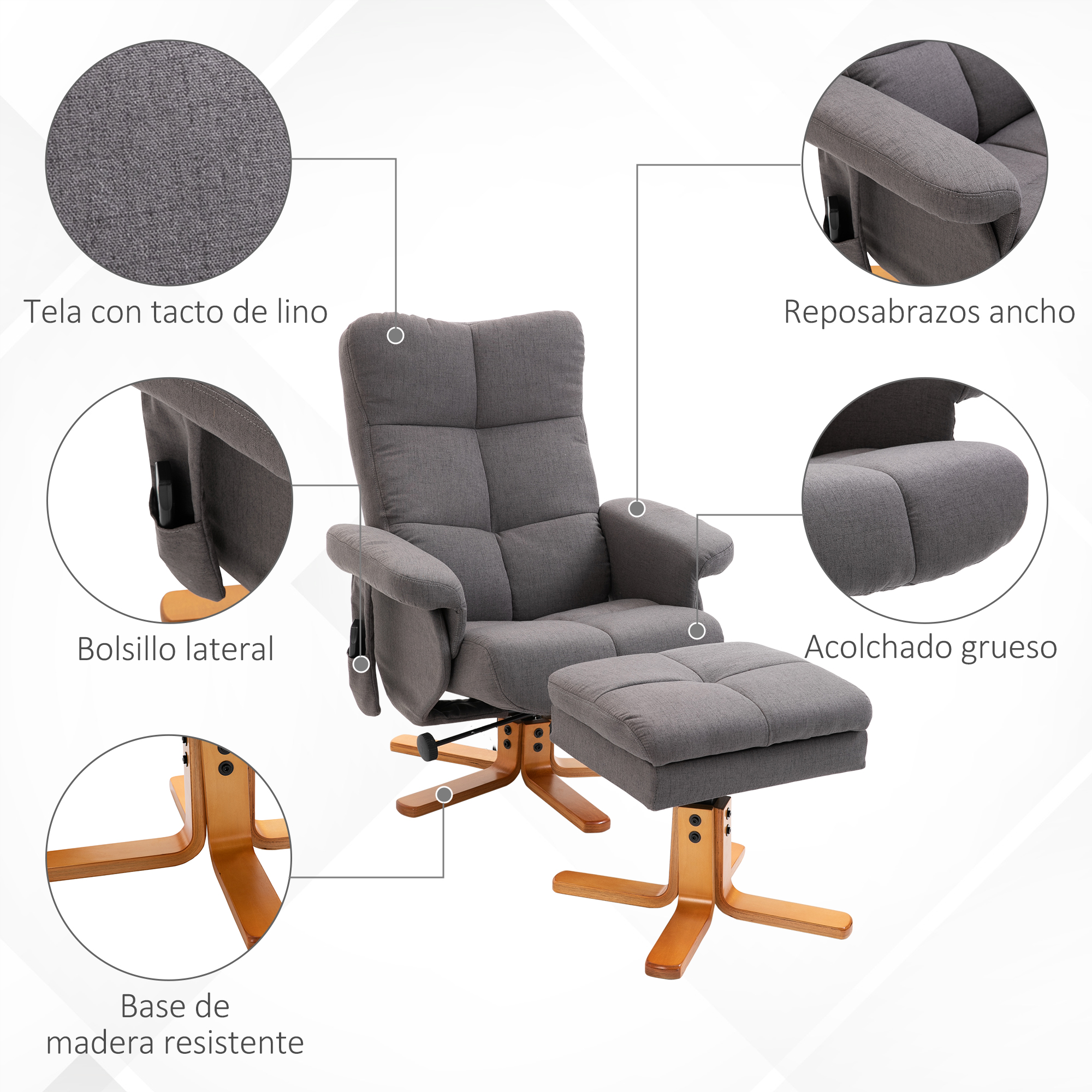 Sillón de masaje gris con taburete, base de madera y detalles de tela, reposabrazos y bolsillo.