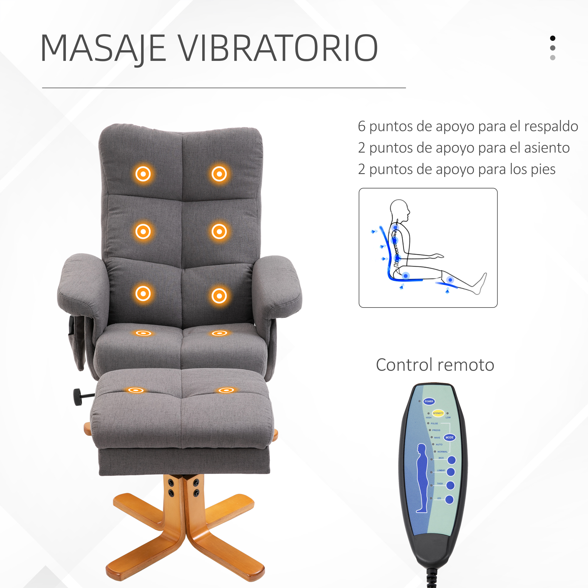 Sillón de masaje gris con base de madera, reposapiés, diagrama y control remoto.