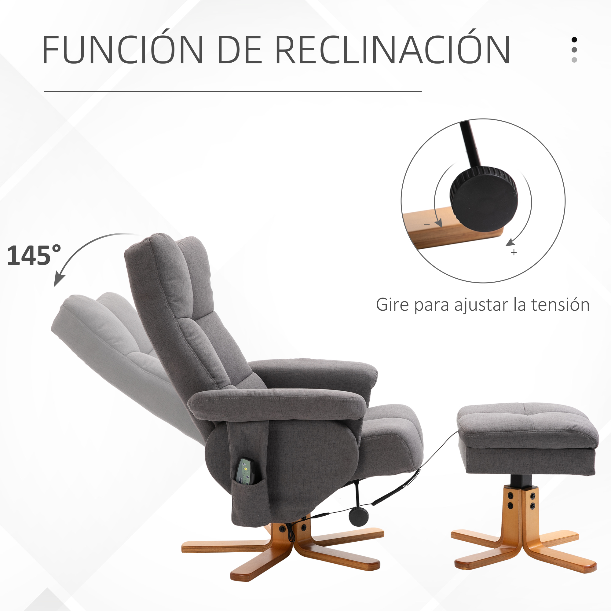Sillón de masaje gris con base de madera, función reclinable de 145 grados y reposapiés.