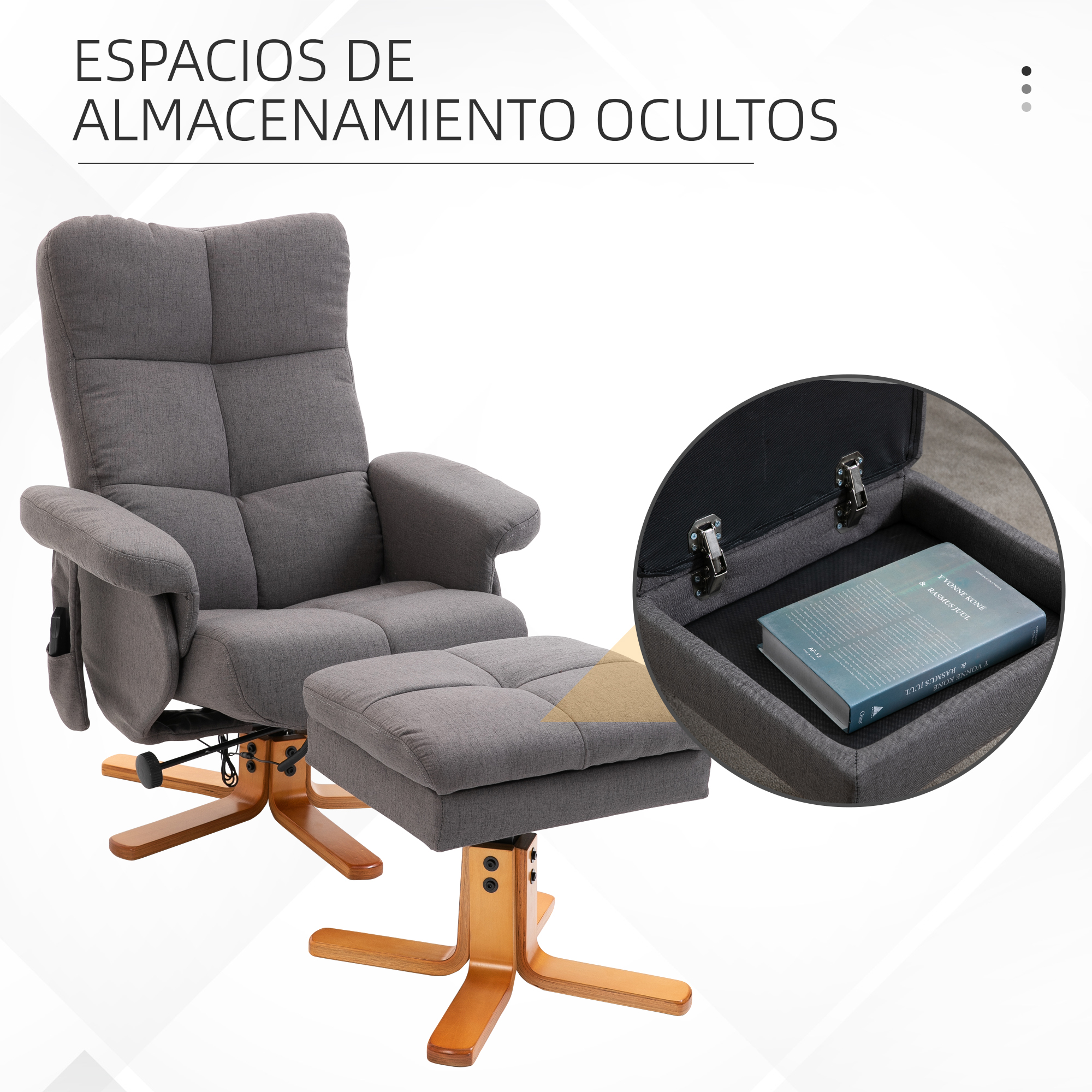 Sillón reclinable gris y reposapiés a juego con base de madera. El inserto muestra espacio de almacenamiento oculto.