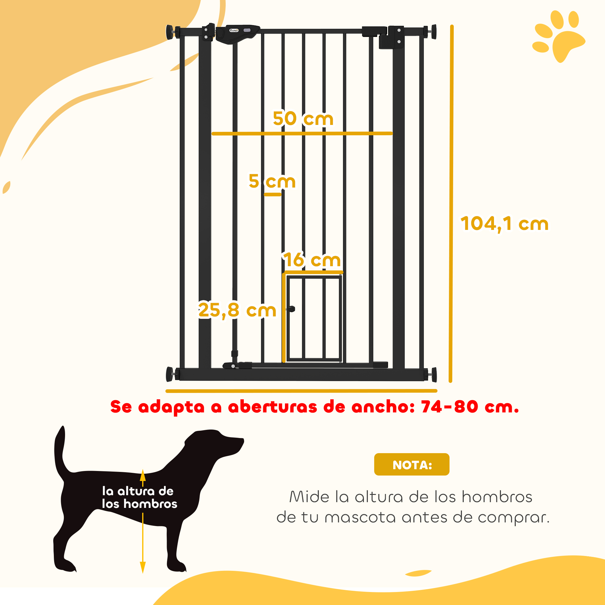 Diagrama con las medidas de una puerta de seguridad negra para mascotas con una puerta pequeña y un perro.