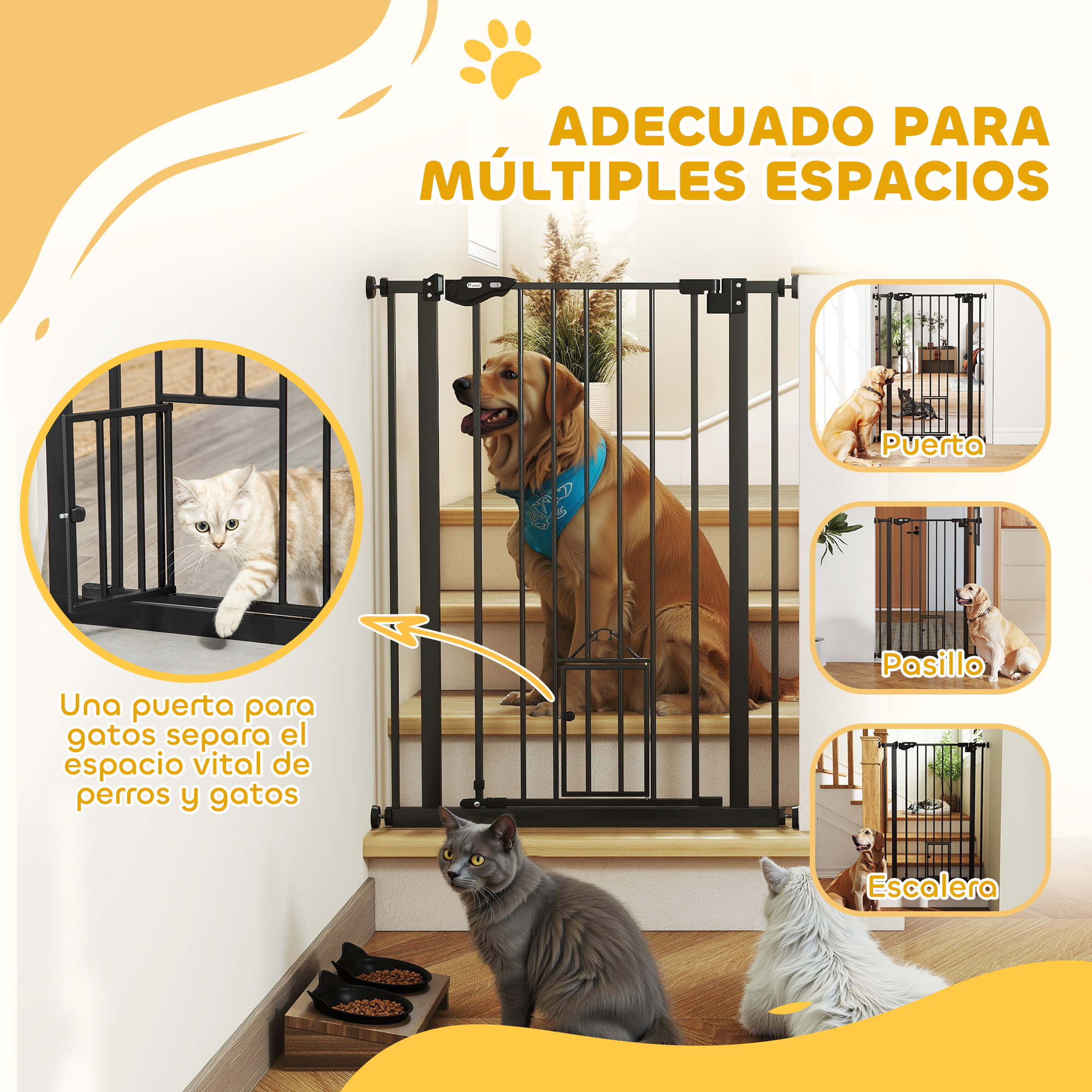 Una puerta negra para mascotas en escaleras, con un perro y dos gatos, y una pequeña puerta para gatos.