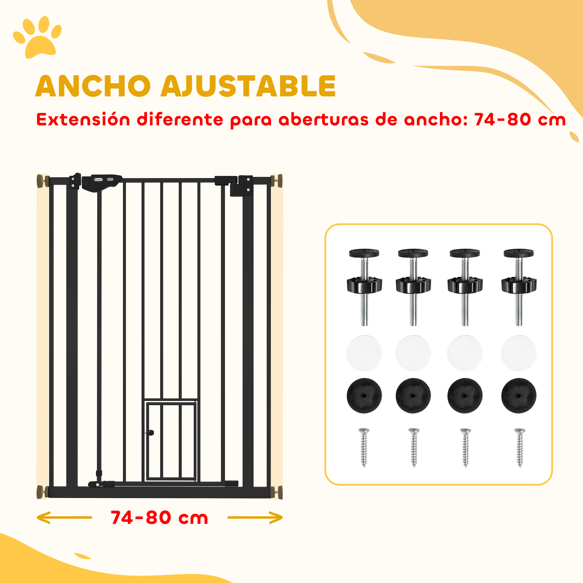 Puerta de seguridad negra con puerta para mascotas, ajustable 74-80 cm, con tornillos de montaje.