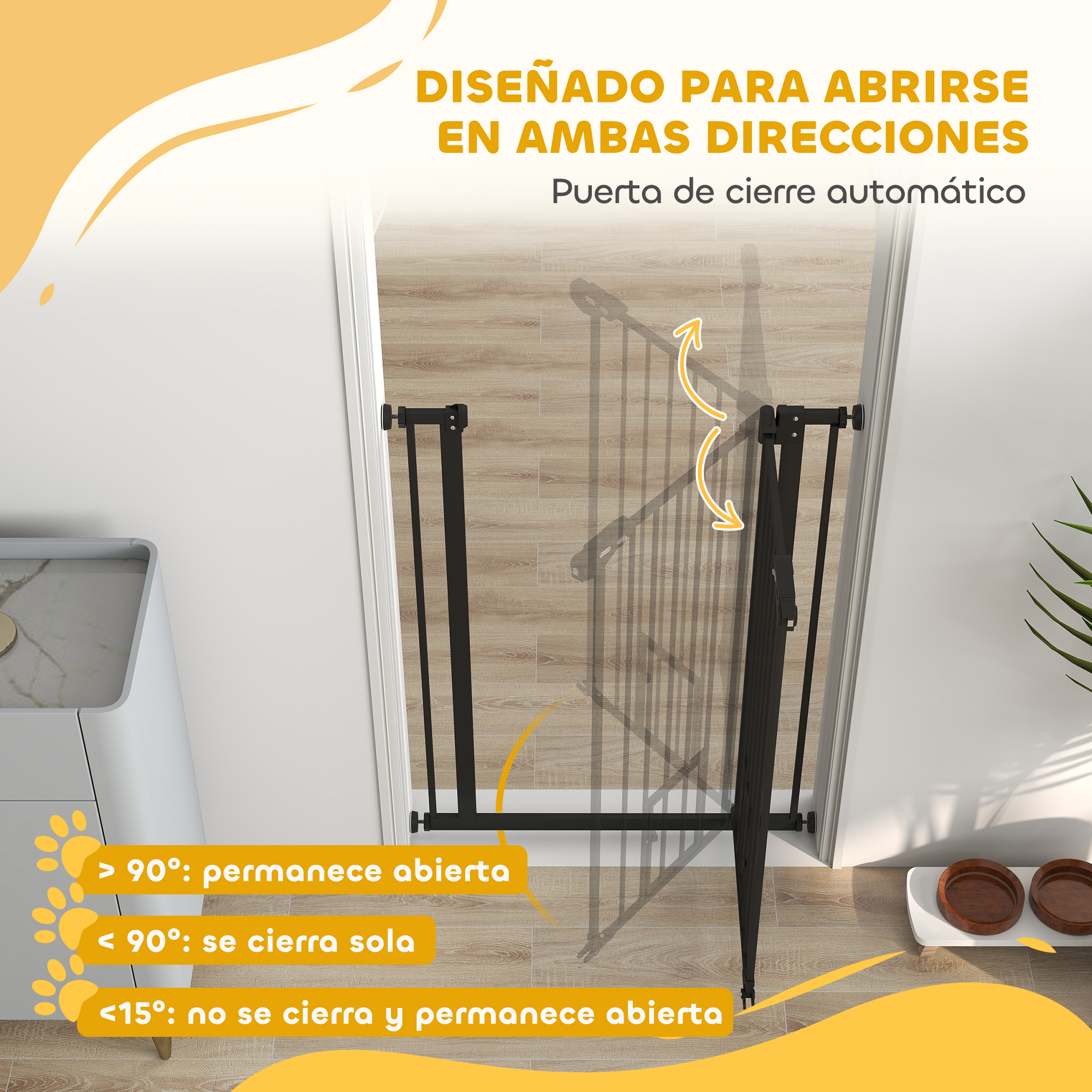 Puerta de seguridad negra en un marco con flechas direccionales e instrucciones.