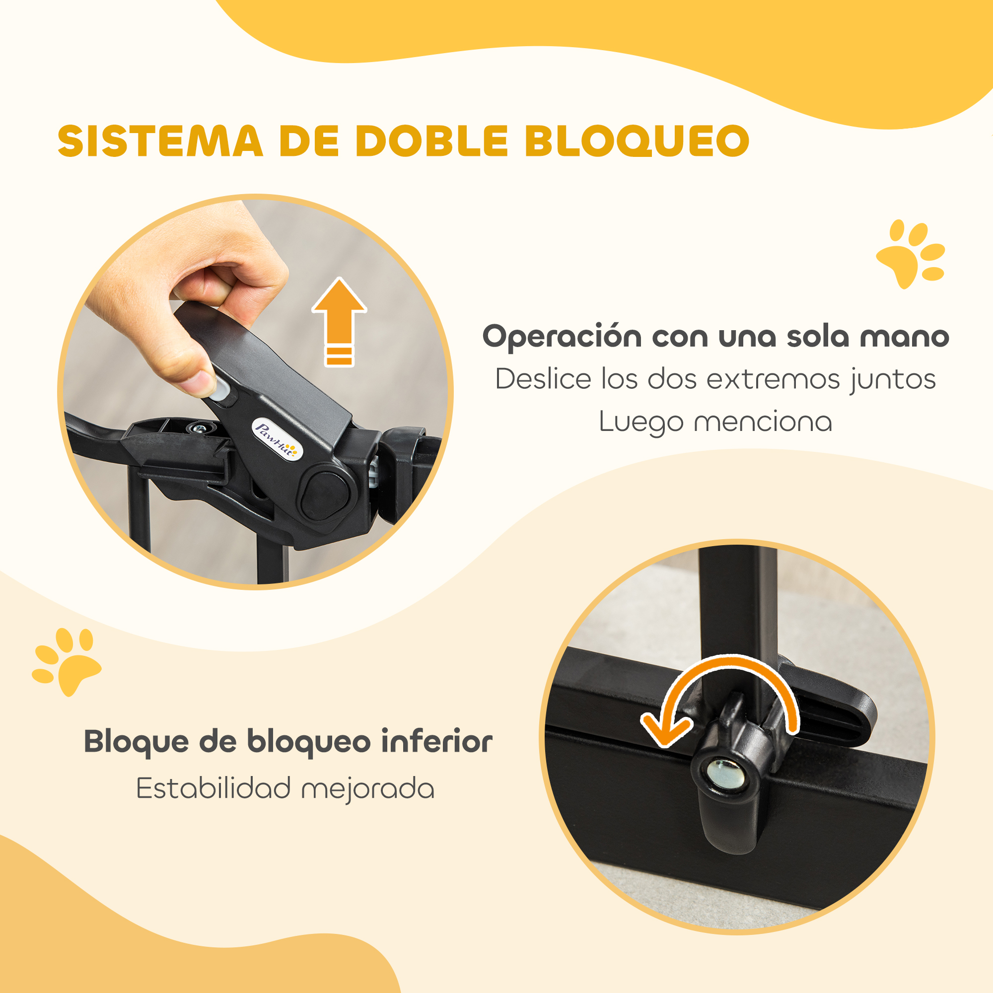 Instrucciones que muestran cómo operar y asegurar una puerta de seguridad negra.