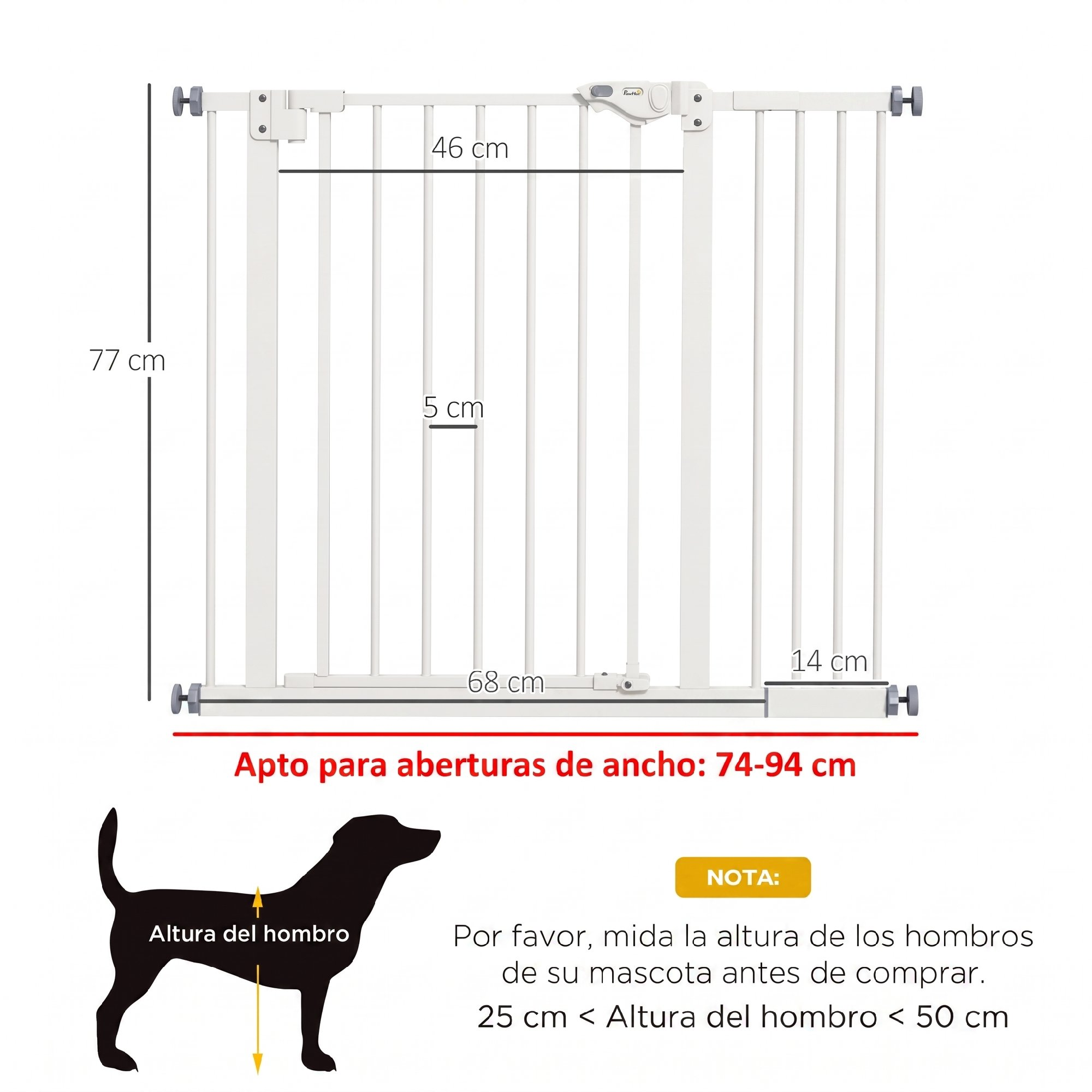 Puerta de seguridad blanca para mascotas con medidas, altura 77cm, ancho 74-94cm, con silueta de perro.