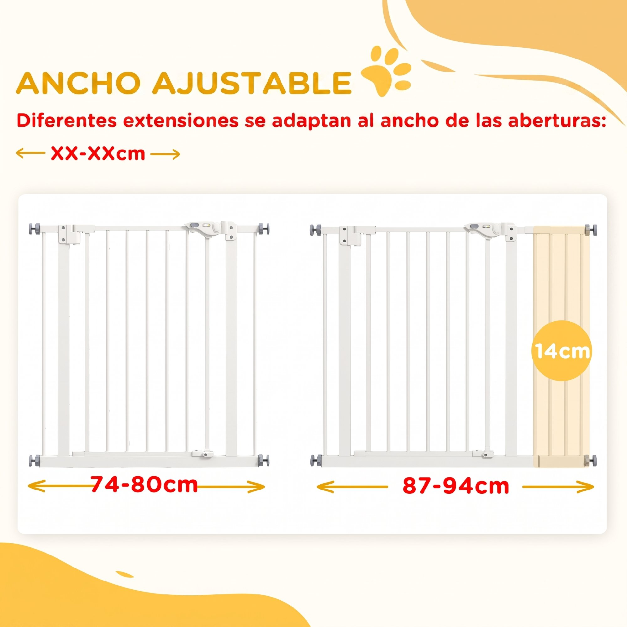 Diagrama de puertas de seguridad ajustables con anchos de 74-80cm y 87-94cm con una extensión.