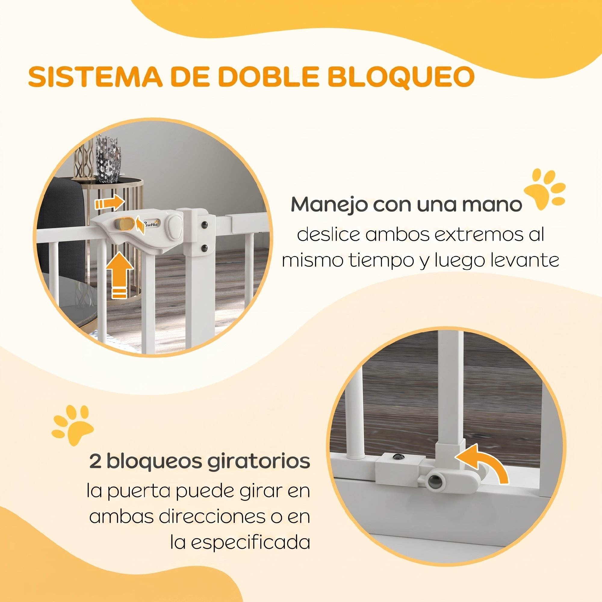 Infografía que muestra el sistema de doble bloqueo de una puerta para mascotas con manejo y giros bidireccionales.