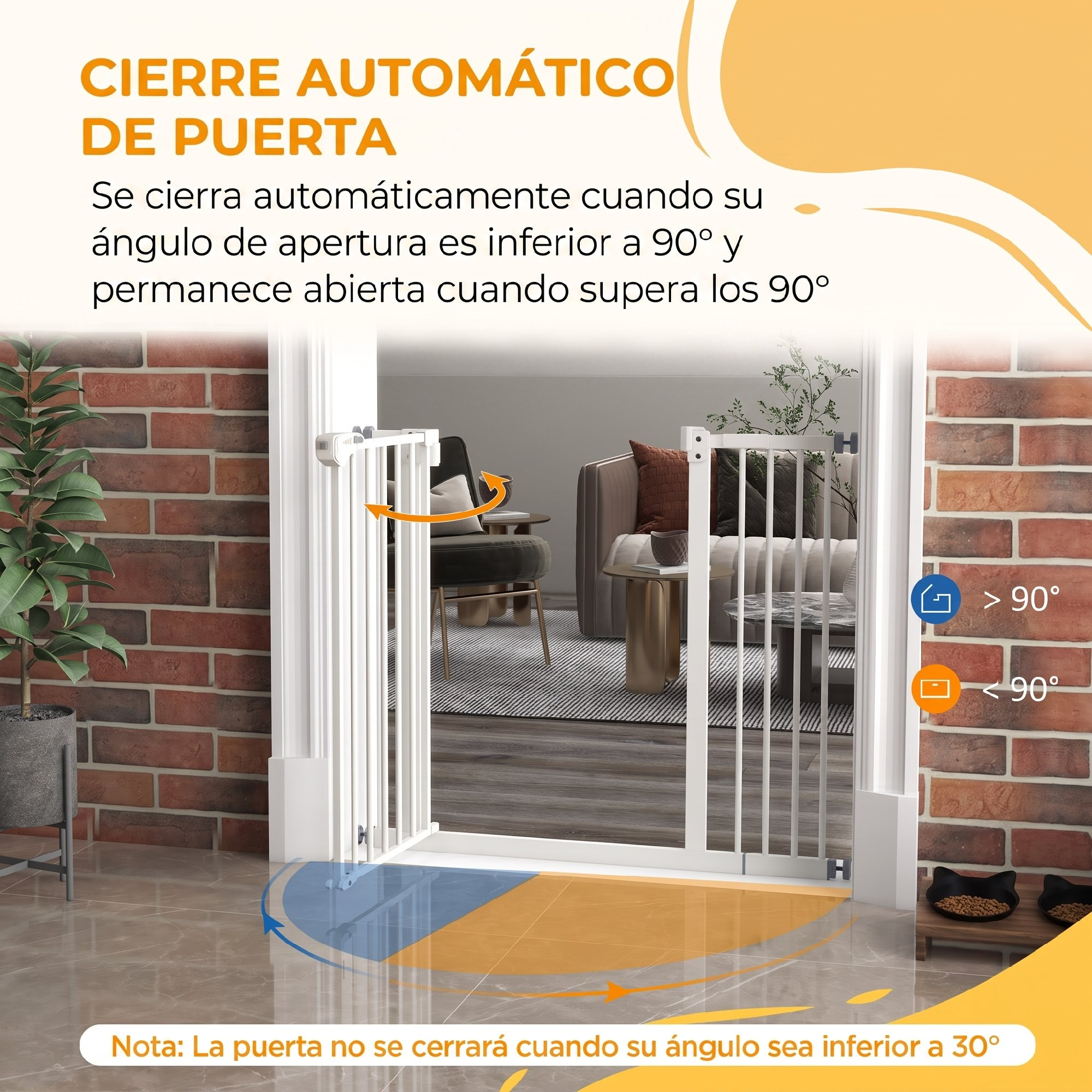 Puerta de seguridad blanca en un marco. Infografía en español explica los ángulos de cierre automático.