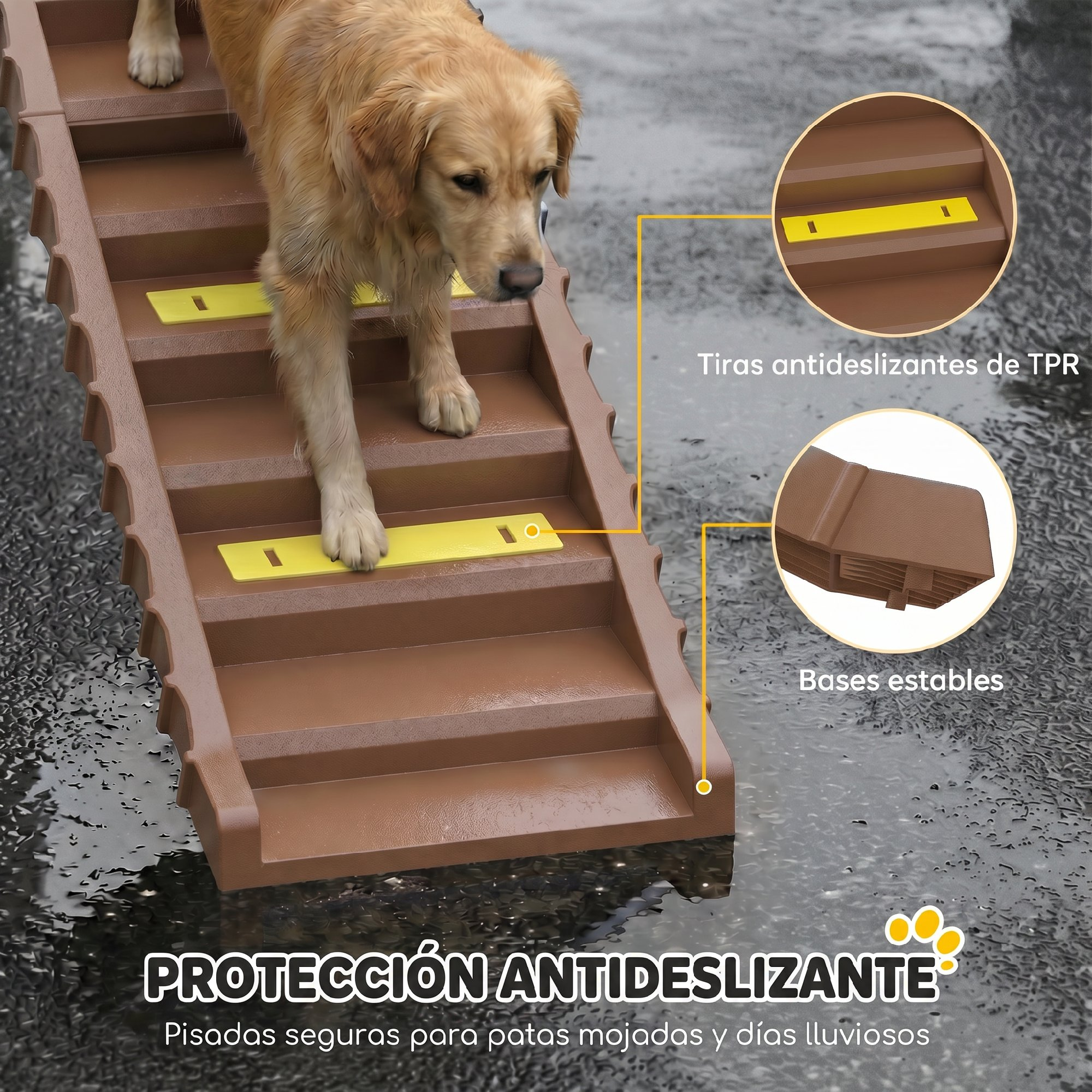 Golden Retriever baja por escaleras de plástico marrón con tiras antideslizantes amarillas.