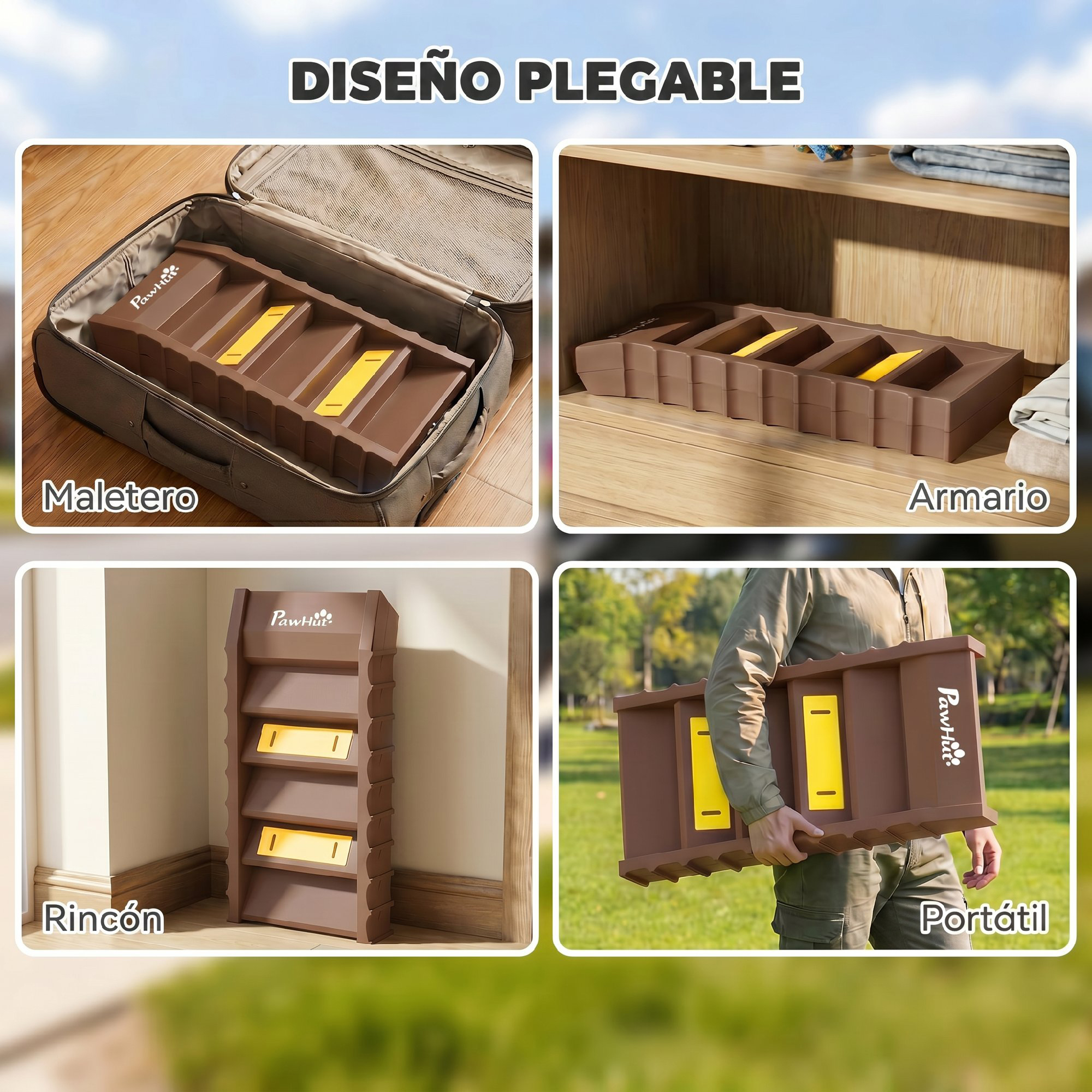 Cuatro imágenes muestran una rampa plegable marrón para mascotas en una maleta, armario, rincón y transportada al aire libre.