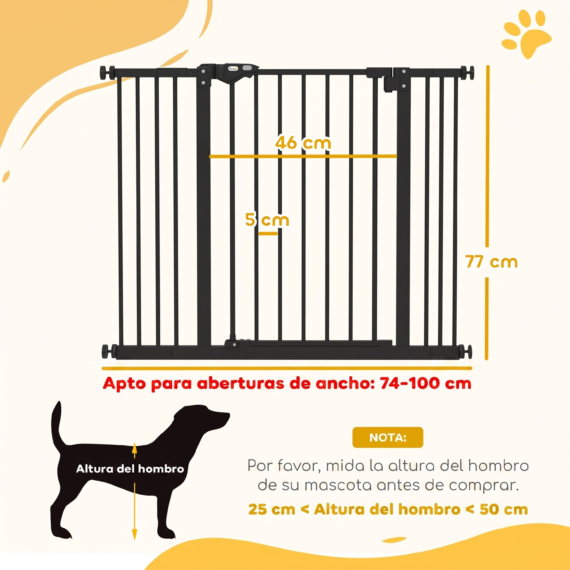 Puerta negra para mascotas con medidas de apertura y altura de perro.