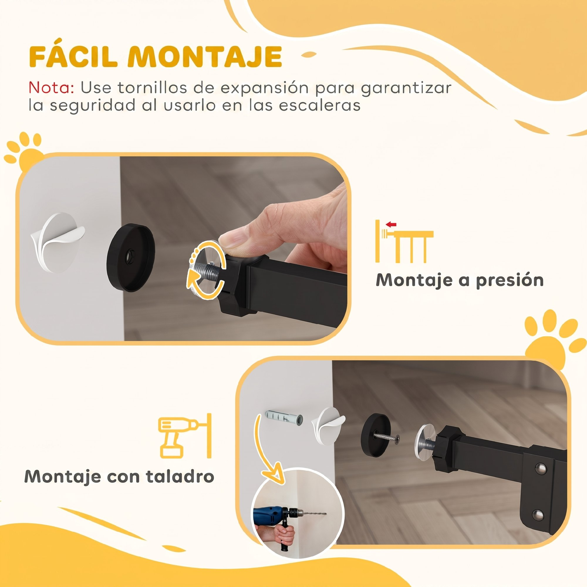 Guía de instalación con dos métodos para una puerta de seguridad: presión y taladro.