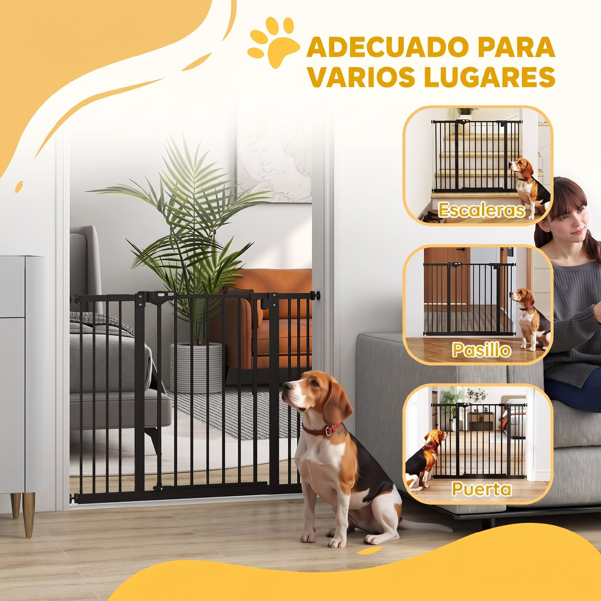 Un perro beagle se sienta frente a una puerta de seguridad negra, con inserciones de otros usos.