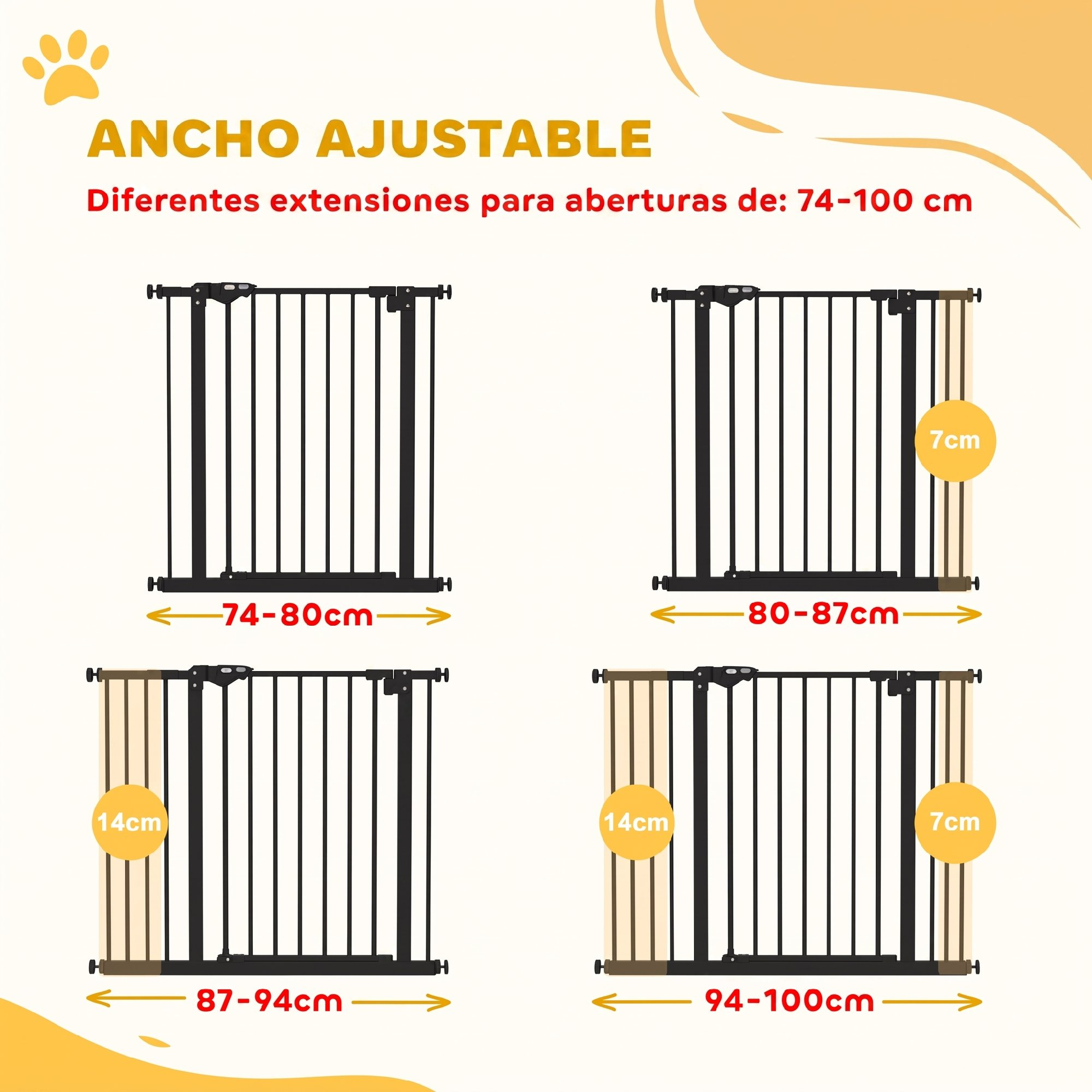 Diagrama muestra puerta de seguridad ajustable con diferentes extensiones de 74 a 100 cm.