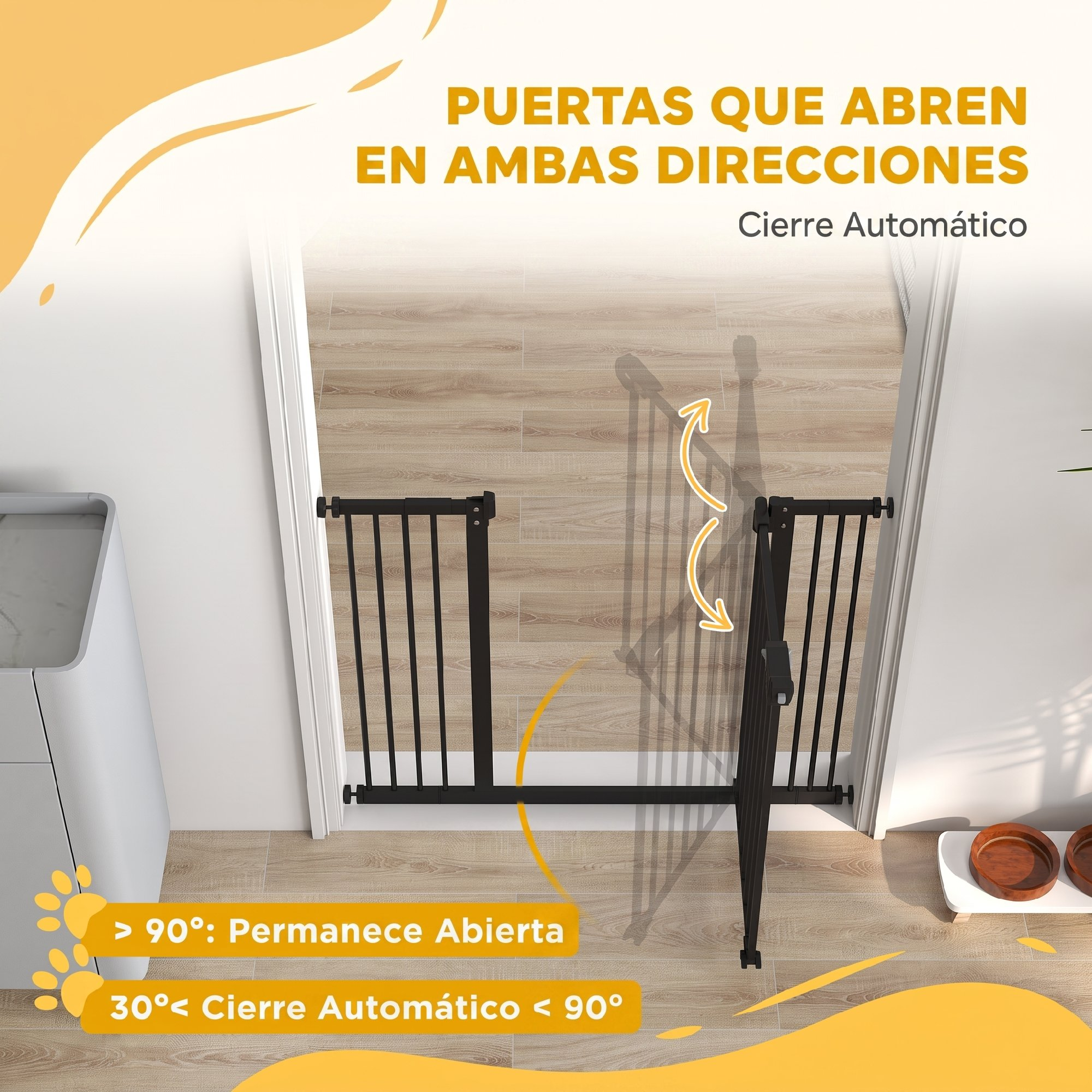 Una puerta de seguridad negra en un marco, que abre en ambas direcciones, con textos explicativos.
