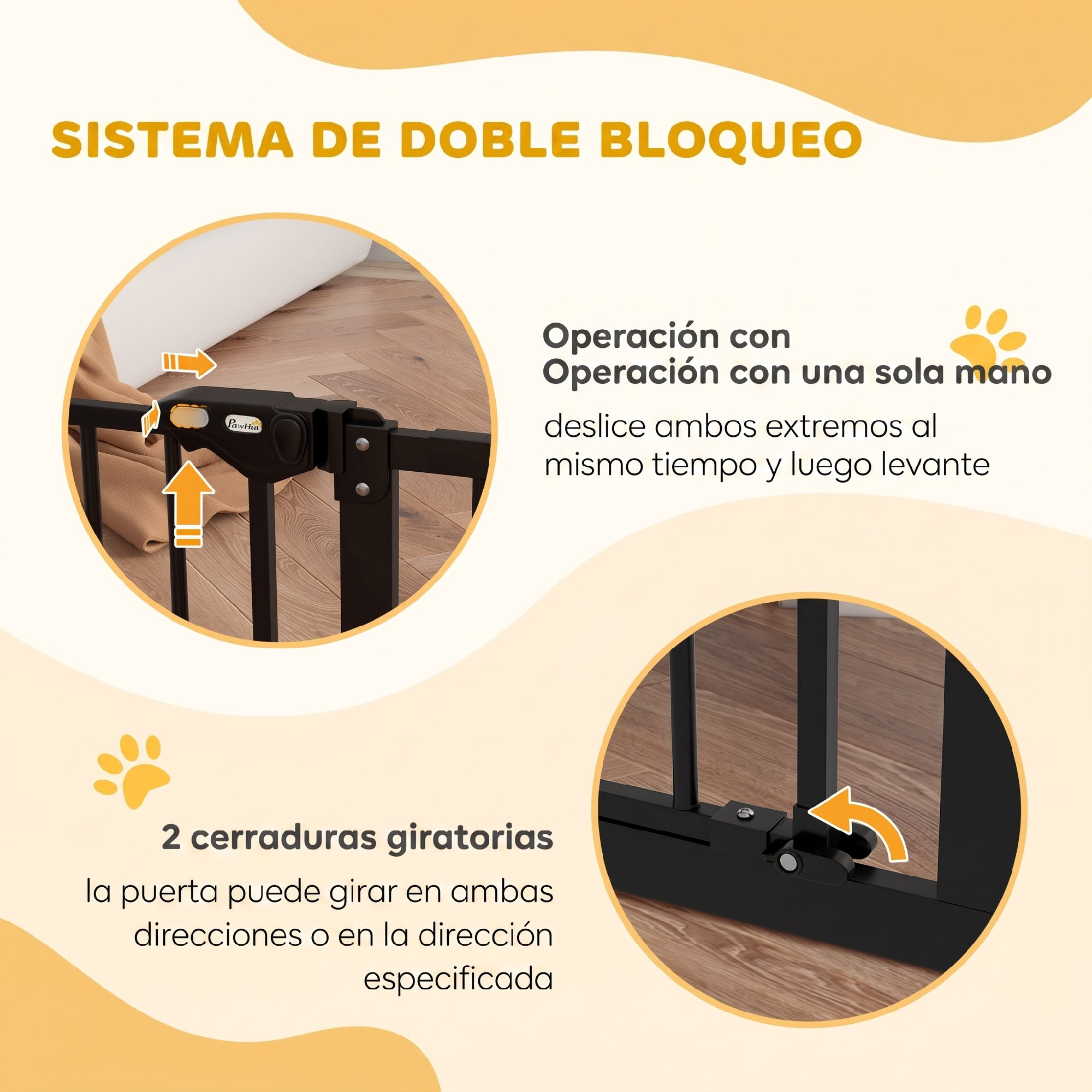Diagrama que muestra una puerta negra para mascotas con sistema de doble bloqueo y operación.
