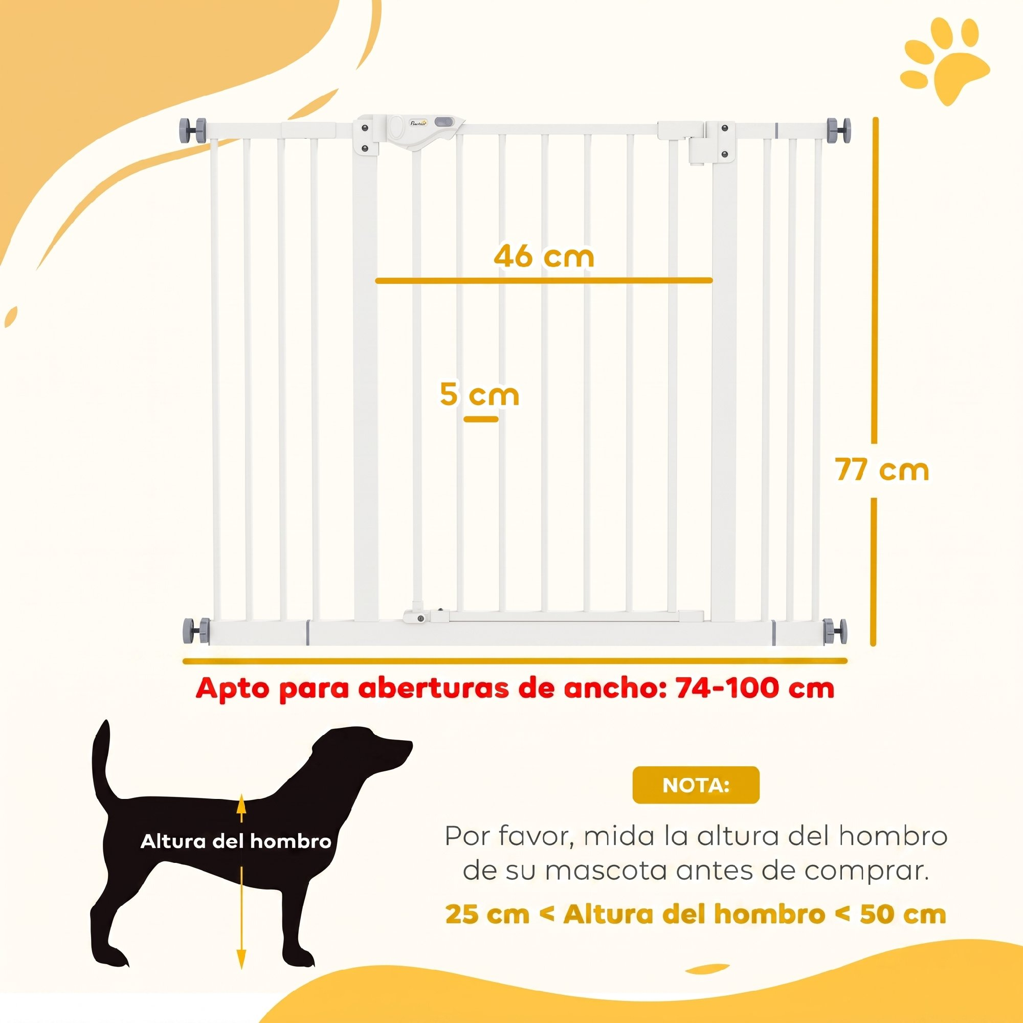 Puerta blanca para mascotas con 77 cm de alto, apertura de 46 cm, separación de barras de 5 cm y ancho de 74-100 cm.