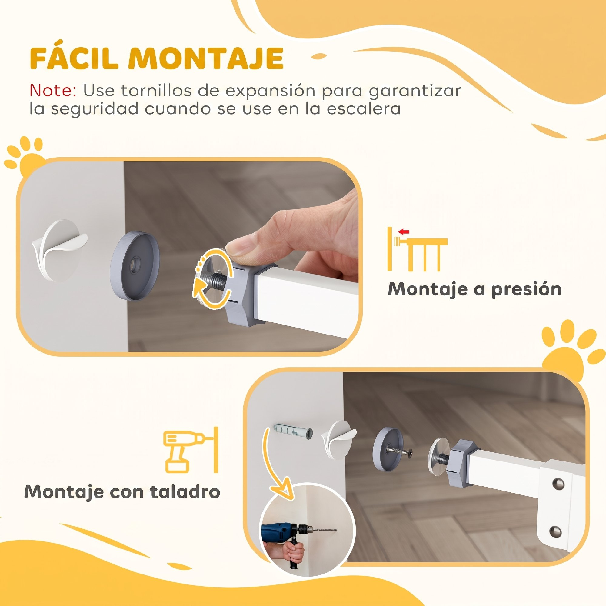 Diagrama instructivo que muestra opciones de montaje a presión y con taladro para una puerta.
