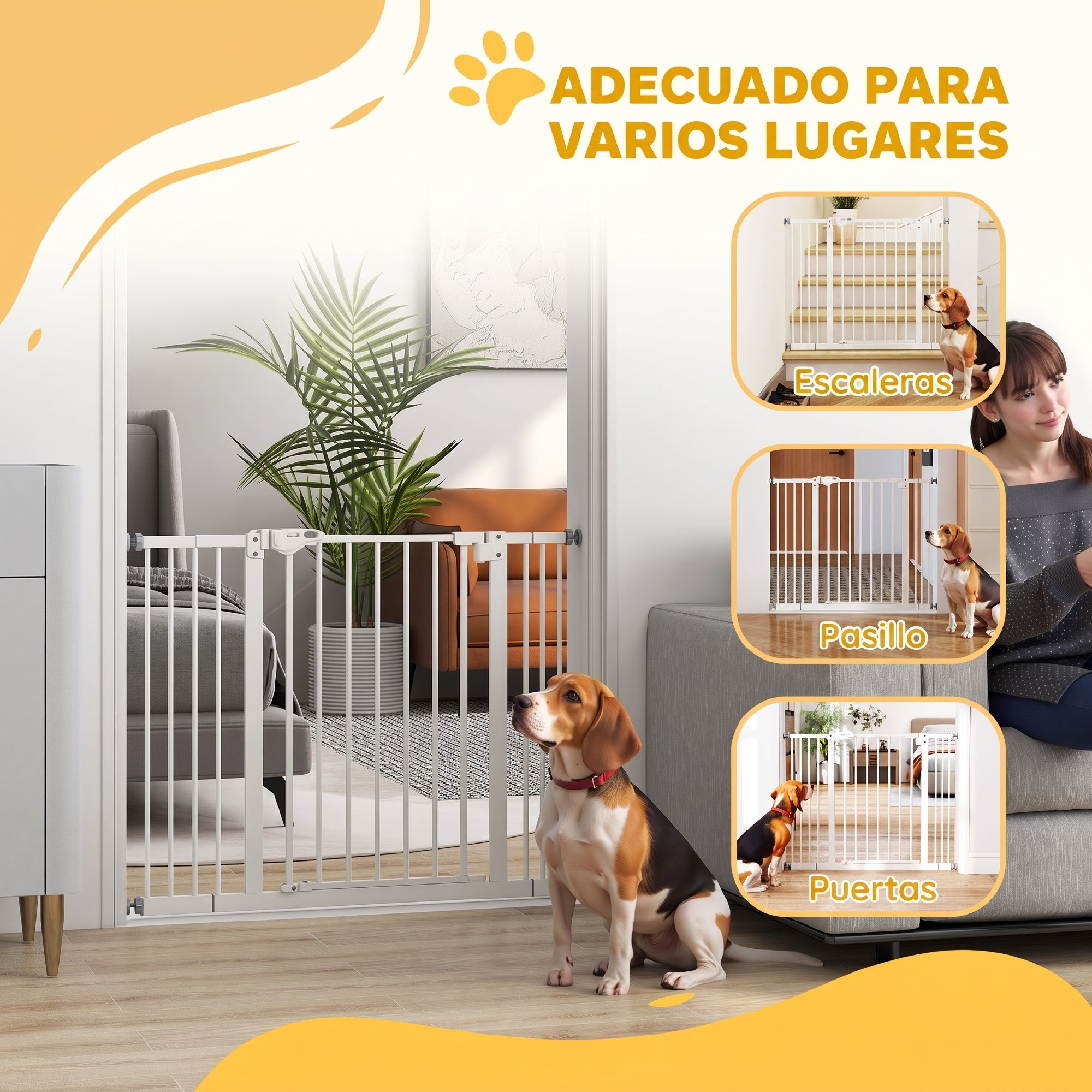 Un beagle se sienta junto a una puerta de seguridad blanca; fotos insertadas muestran su uso en escaleras, pasillos y puertas.