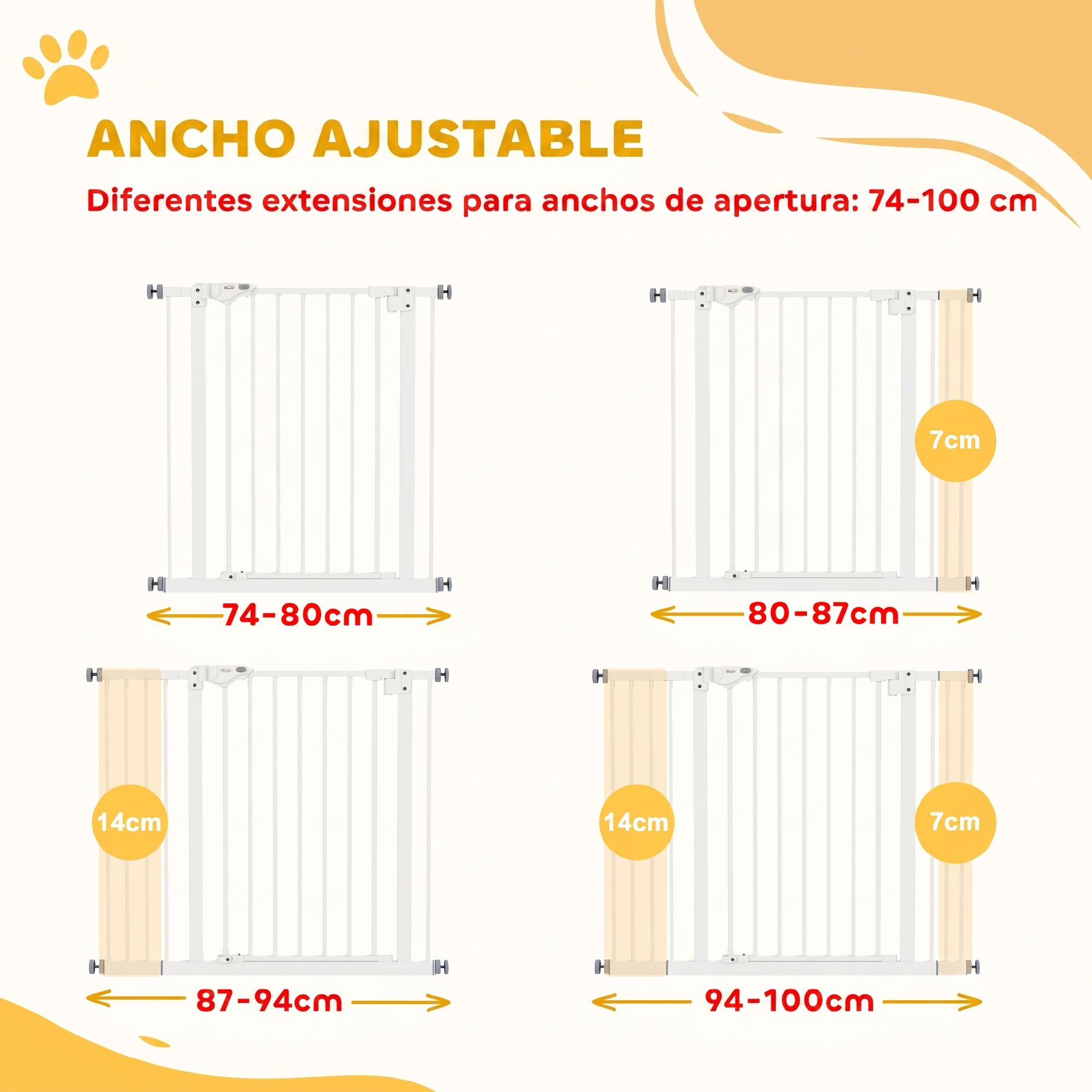 Diagrama que muestra anchos ajustables de una puerta de seguridad para mascotas con extensiones de 7cm y 14cm, de 74 a 100 cm.