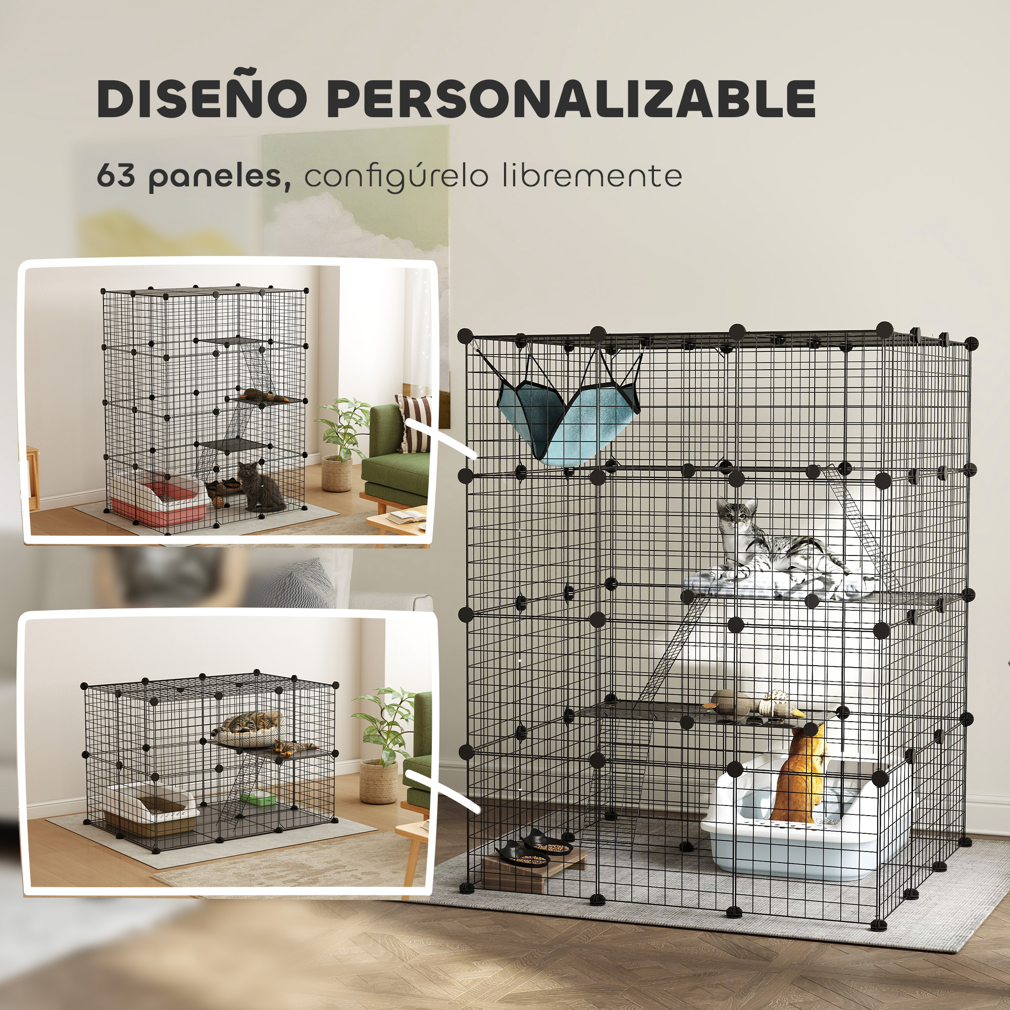 Jaula modular de alambre negro para gatos con hamaca, escaleras y caja de arena sobre una alfombra.