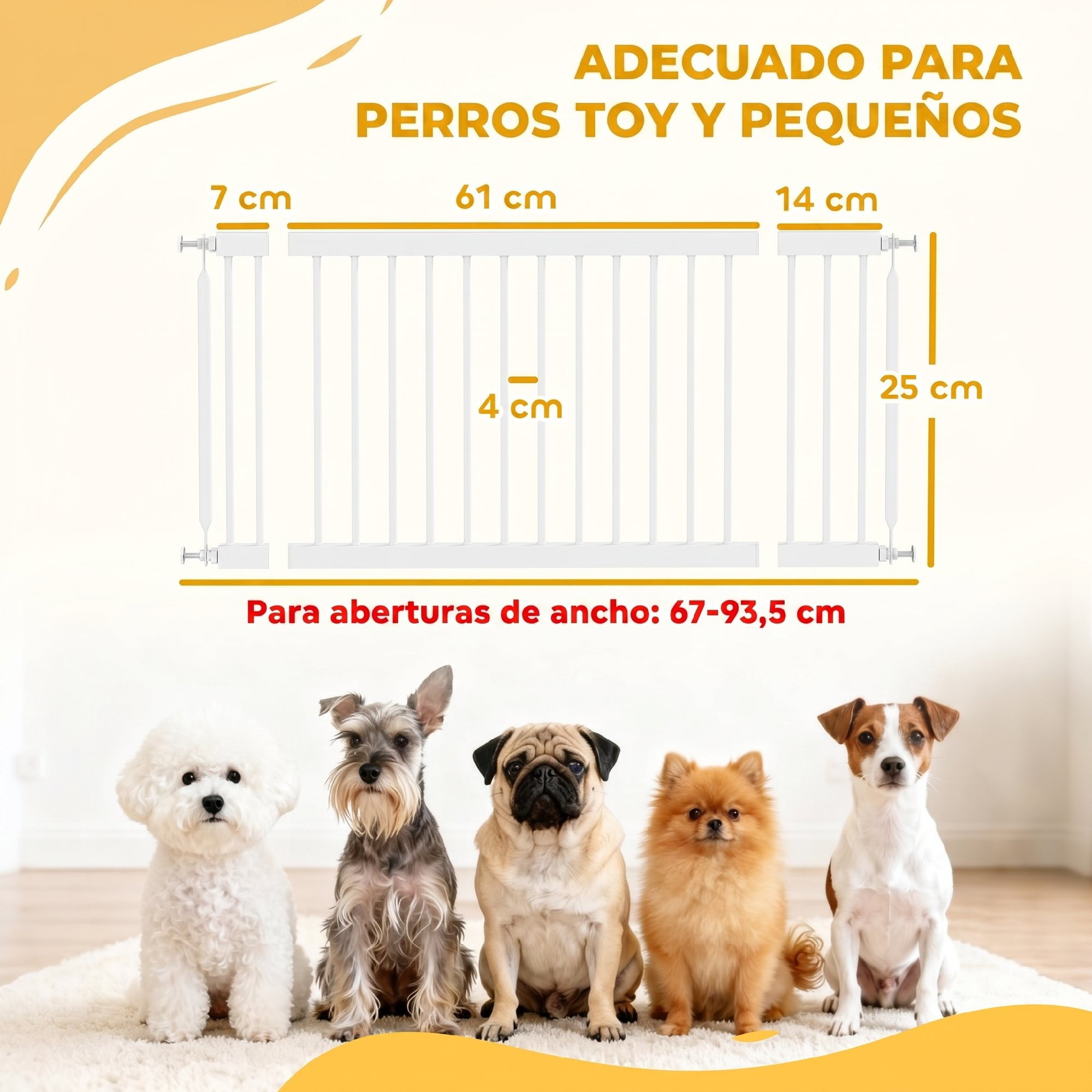 Un diagrama de una puerta de seguridad blanca para mascotas con dimensiones, junto a cinco perros pequeños en una alfombra.