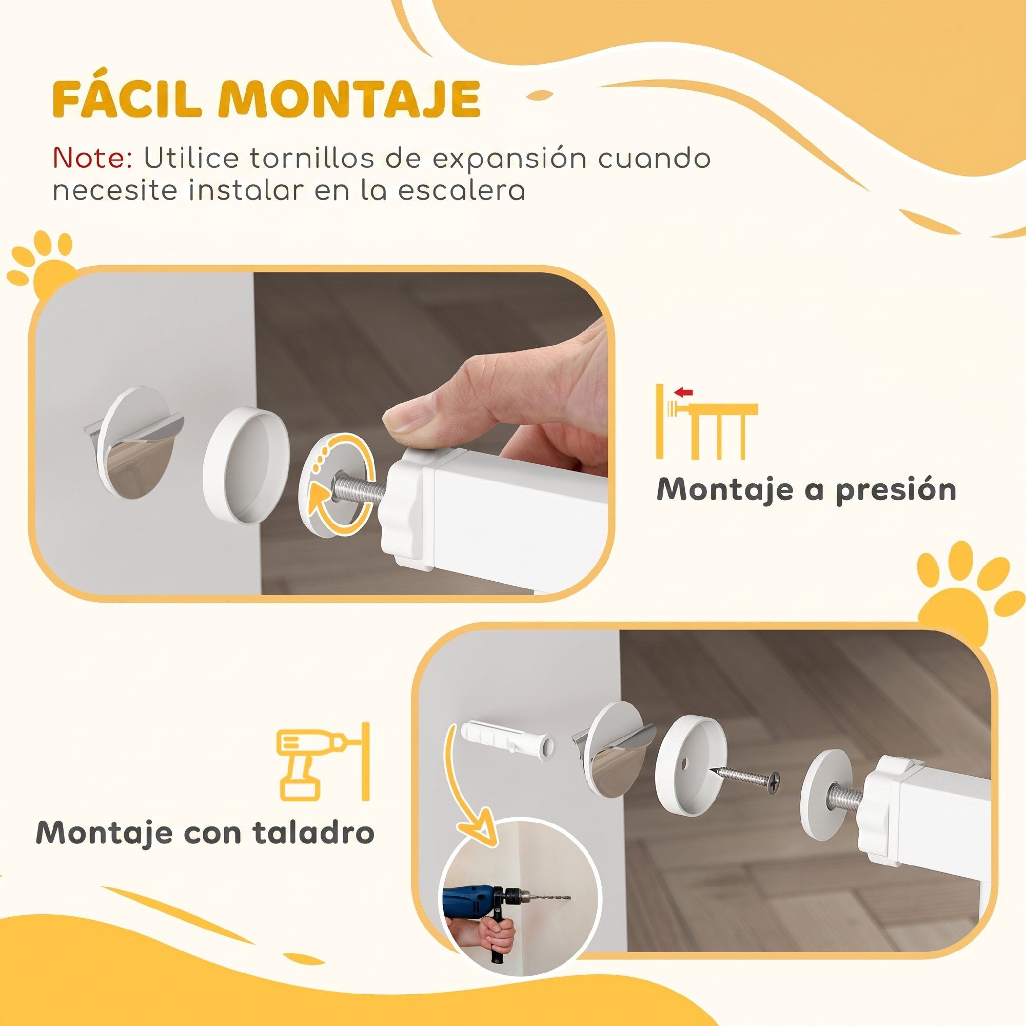 Imágenes instructivas muestran la instalación a presión y con taladro para una puerta con tornillos.