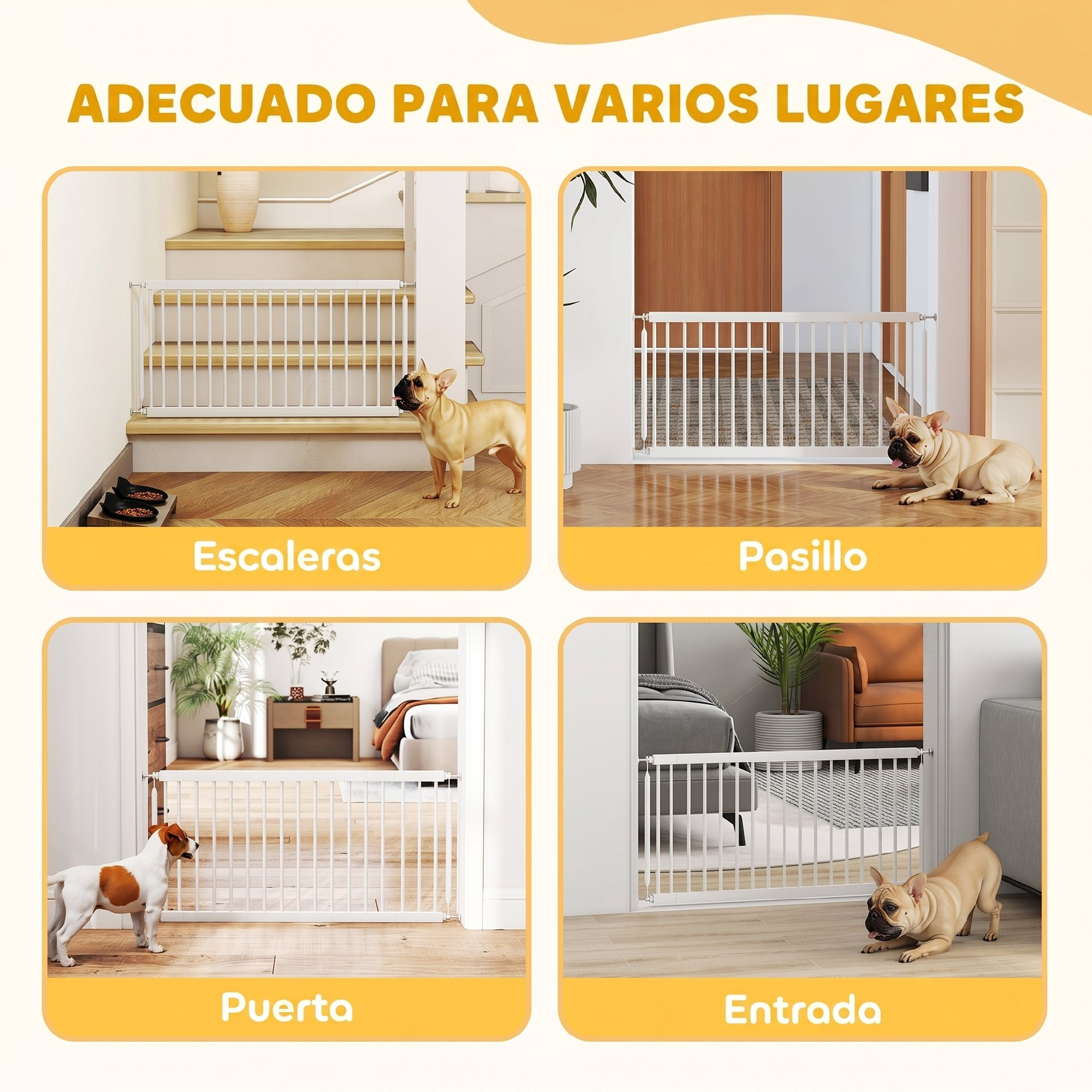 Cuatro paneles muestran una puerta de seguridad para mascotas instalada en varios lugares.