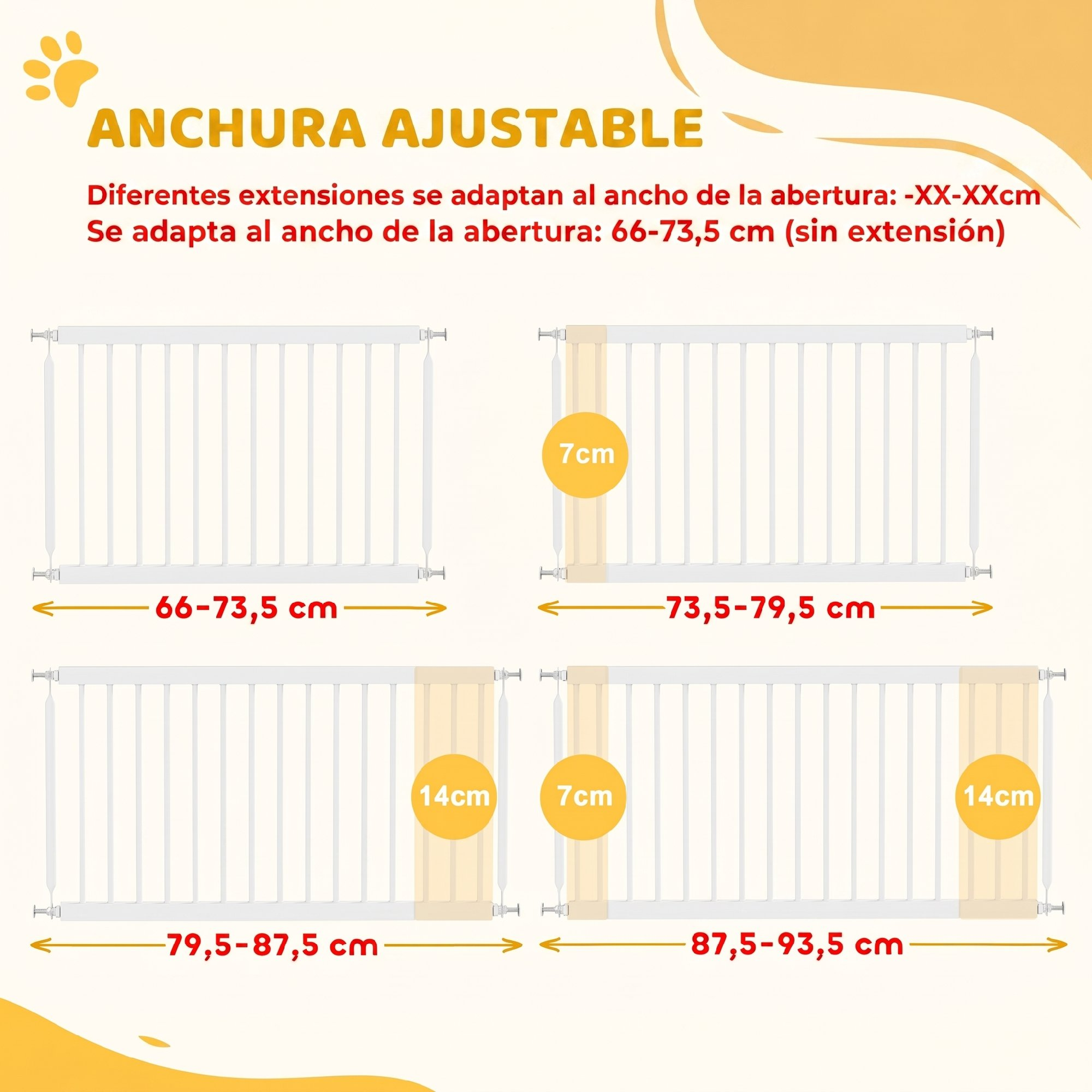 Diagrama que muestra anchos ajustables para una valla de seguridad con extensiones de 66 a 93,5 cm.