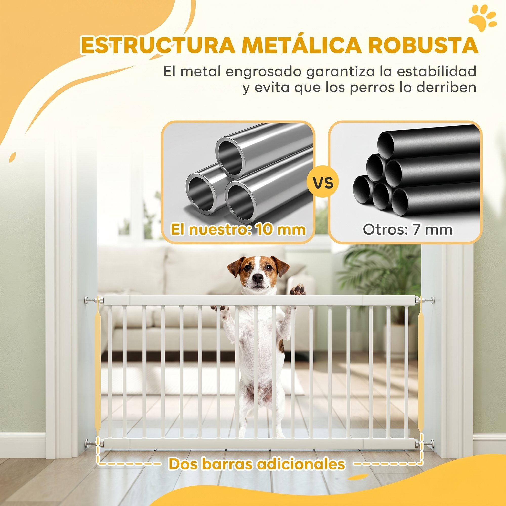 Un perro se para detrás de una puerta de seguridad con tubos metálicos.